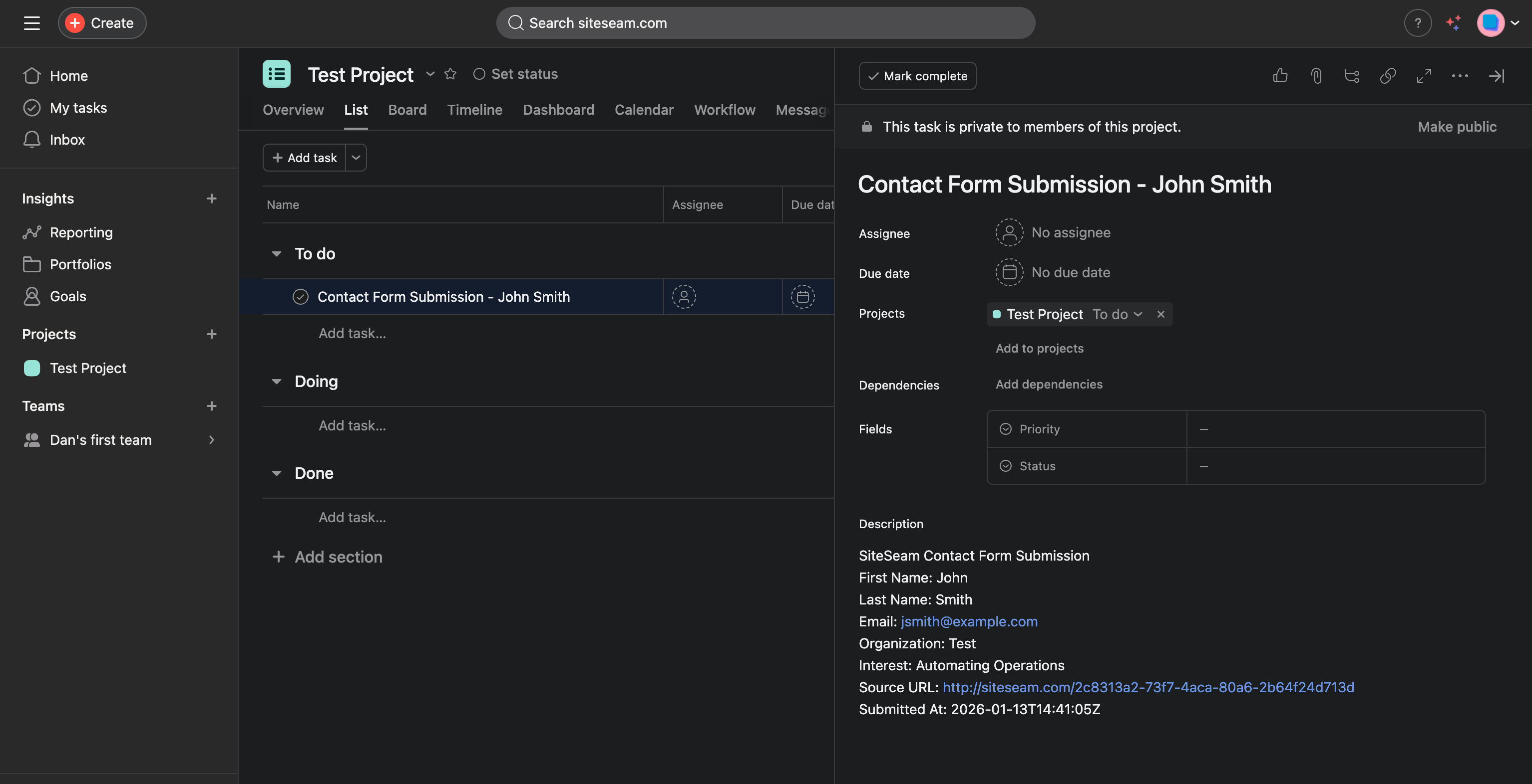 Asana task created from a SiteSeam lead submission.