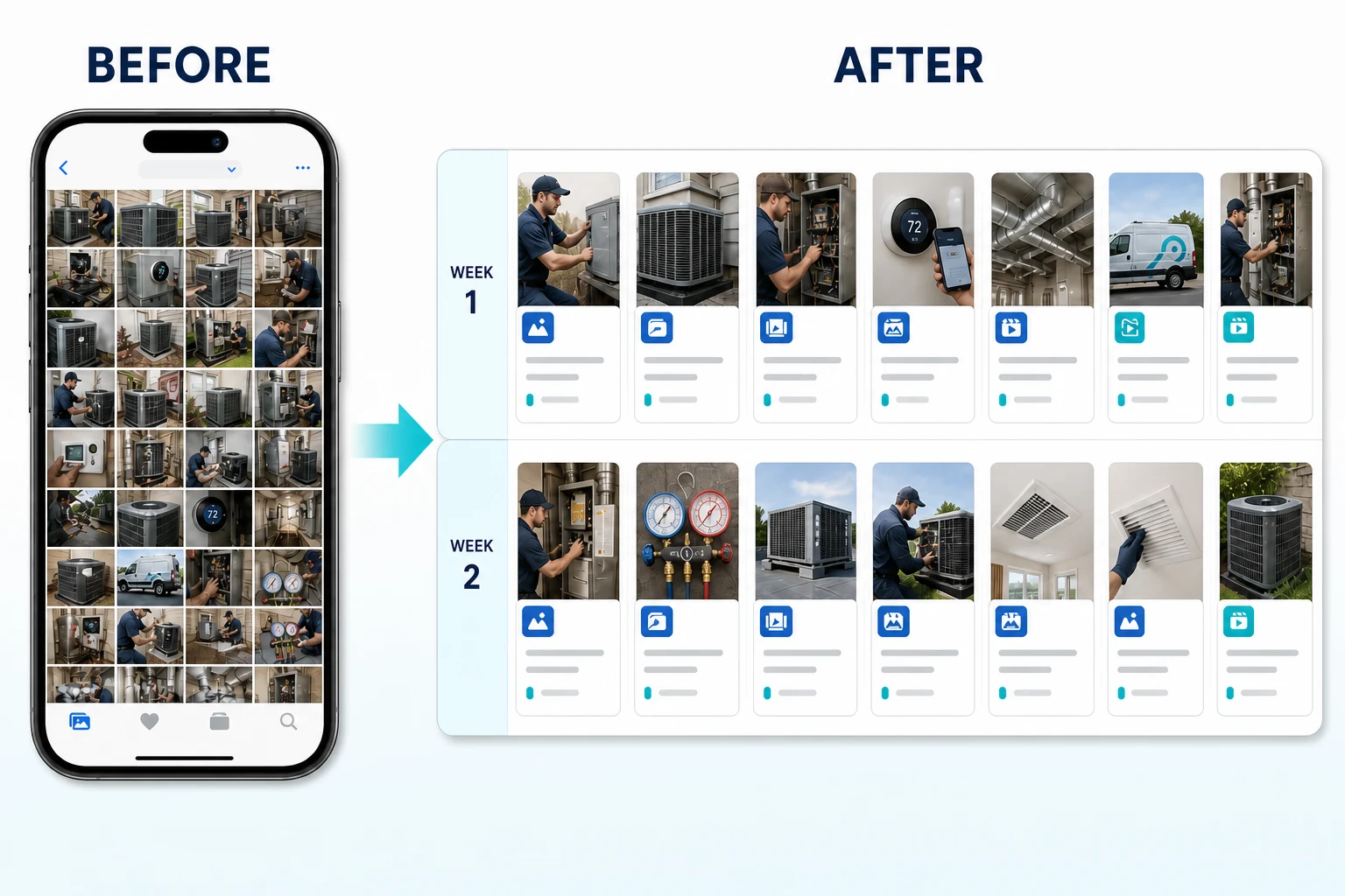 Side-by-side workflow showing an HVAC camera roll before and a clean two-week reviewed content calendar after.
