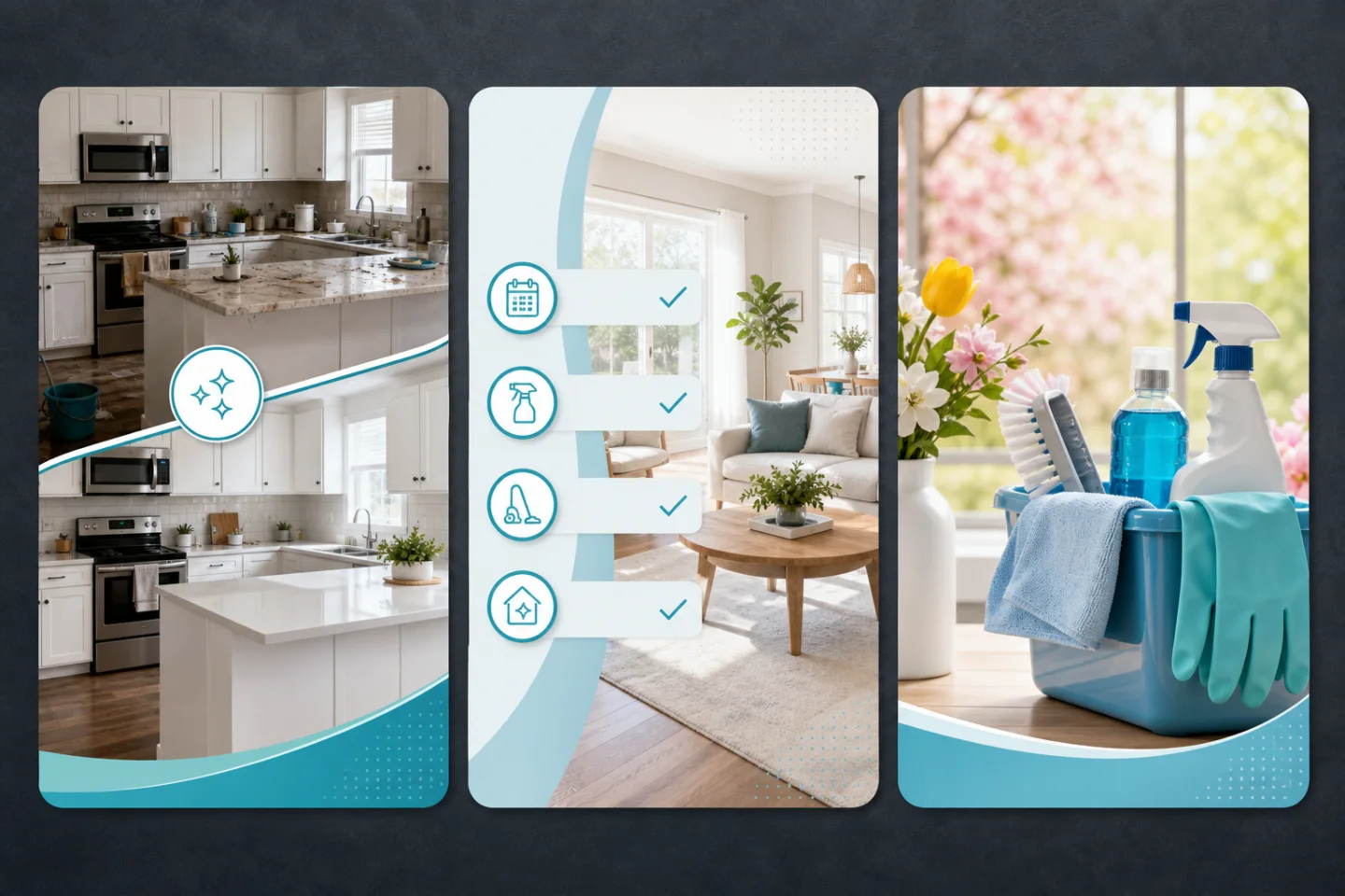 Three coordinated cleaning company social posts showing a move-out transformation, recurring-clean education, and a spring cleaning offer.