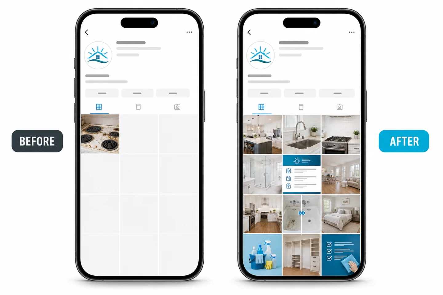 Before-and-after social profile mockups showing a sparse cleaning company feed becoming an active portfolio of cleaning results.