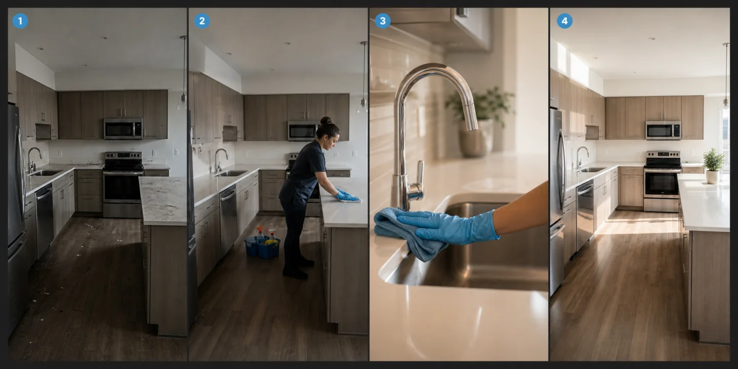 Four-frame move-out cleaning Reel storyboard progressing from a dirty kitchen through active cleaning to a pristine final reveal.