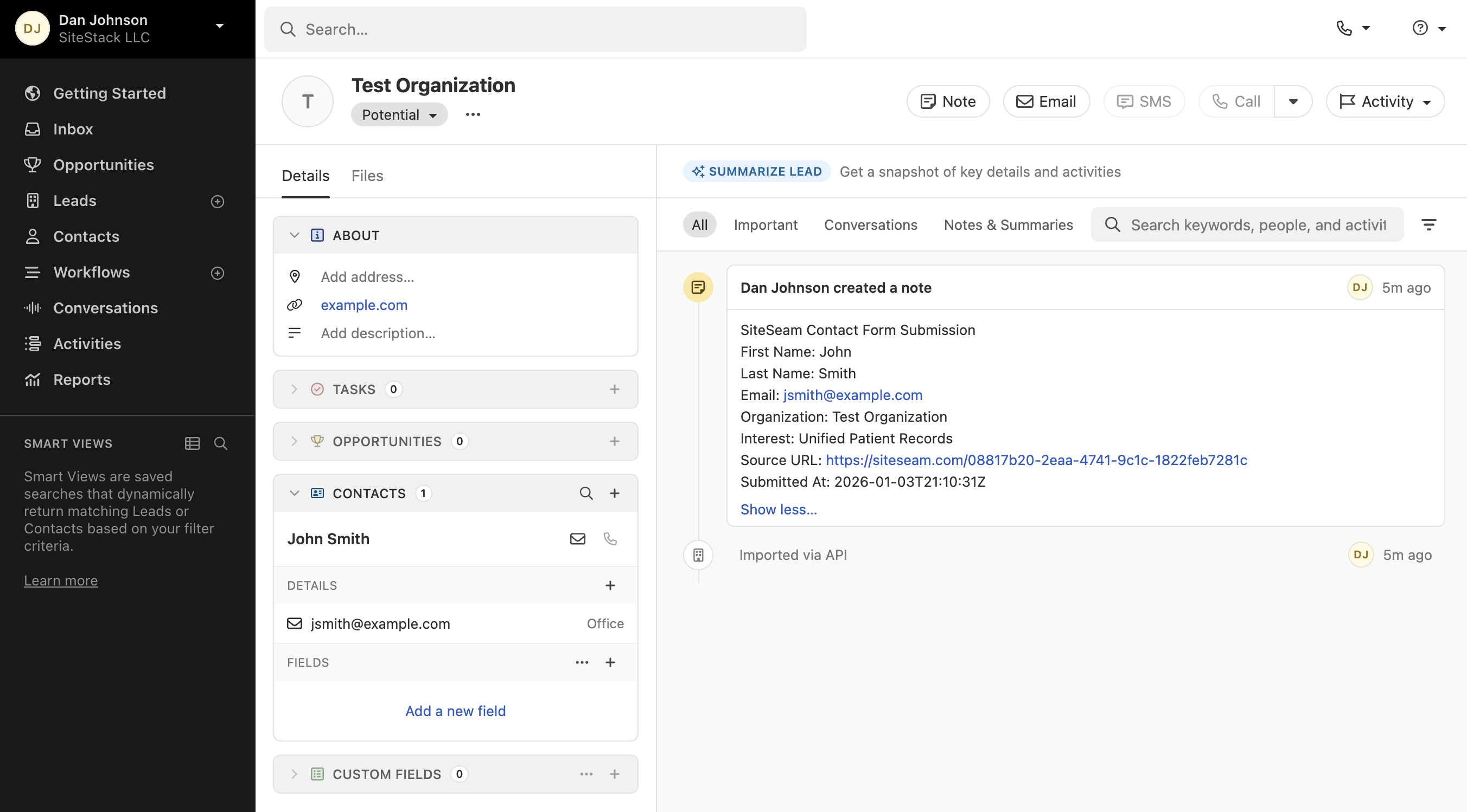 Close lead record created from a SiteSeam submission.