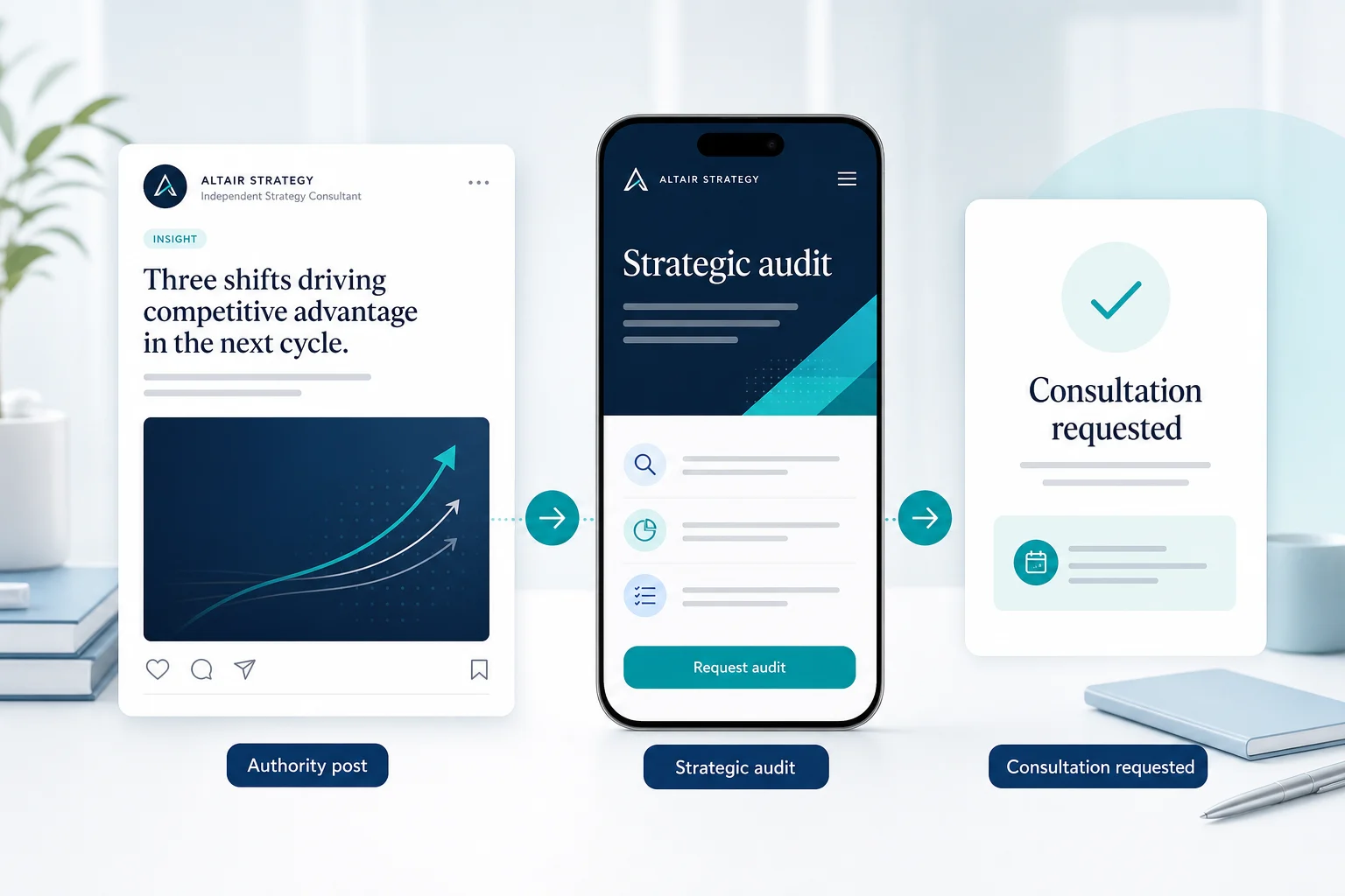 Consultant authority post leading to a strategic-audit landing page and a captured consultation lead.