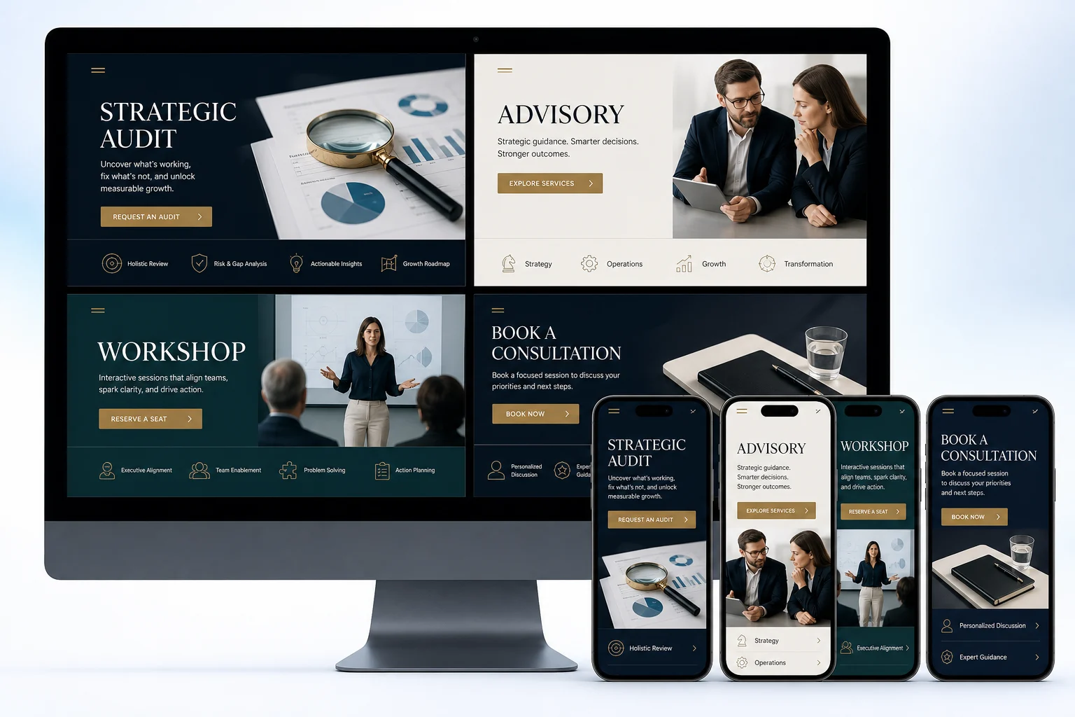 Desktop and mobile consultant website templates for strategic audits, advisory services, workshops, and consultation booking.