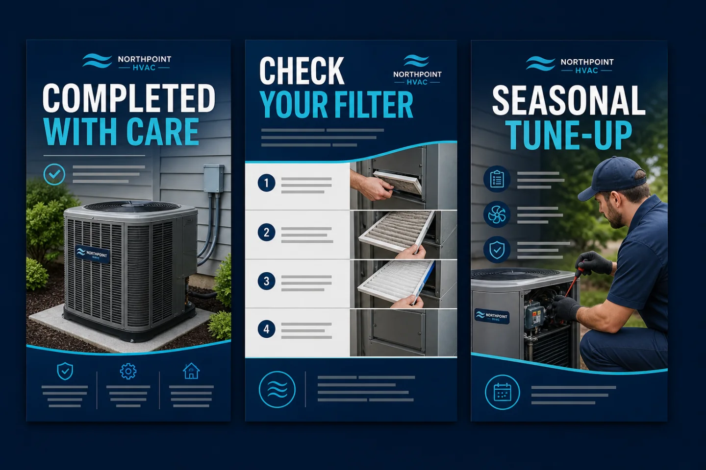 Three branded service-business posts featuring completed-work proof, practical customer education, and a seasonal tune-up.