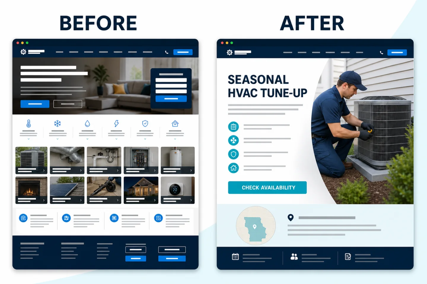 Side-by-side comparison of a confusing generic business homepage and a focused seasonal service campaign page.