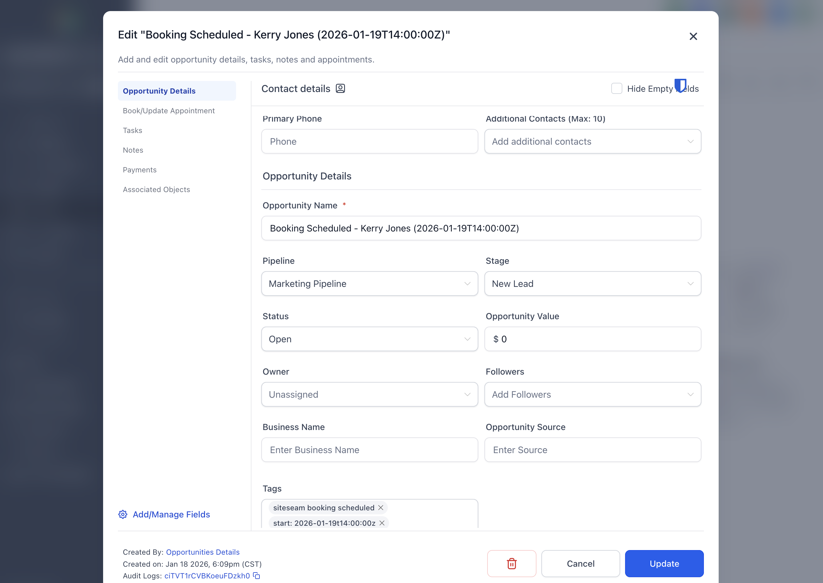 HighLevel booking activity synced from SiteSeam.