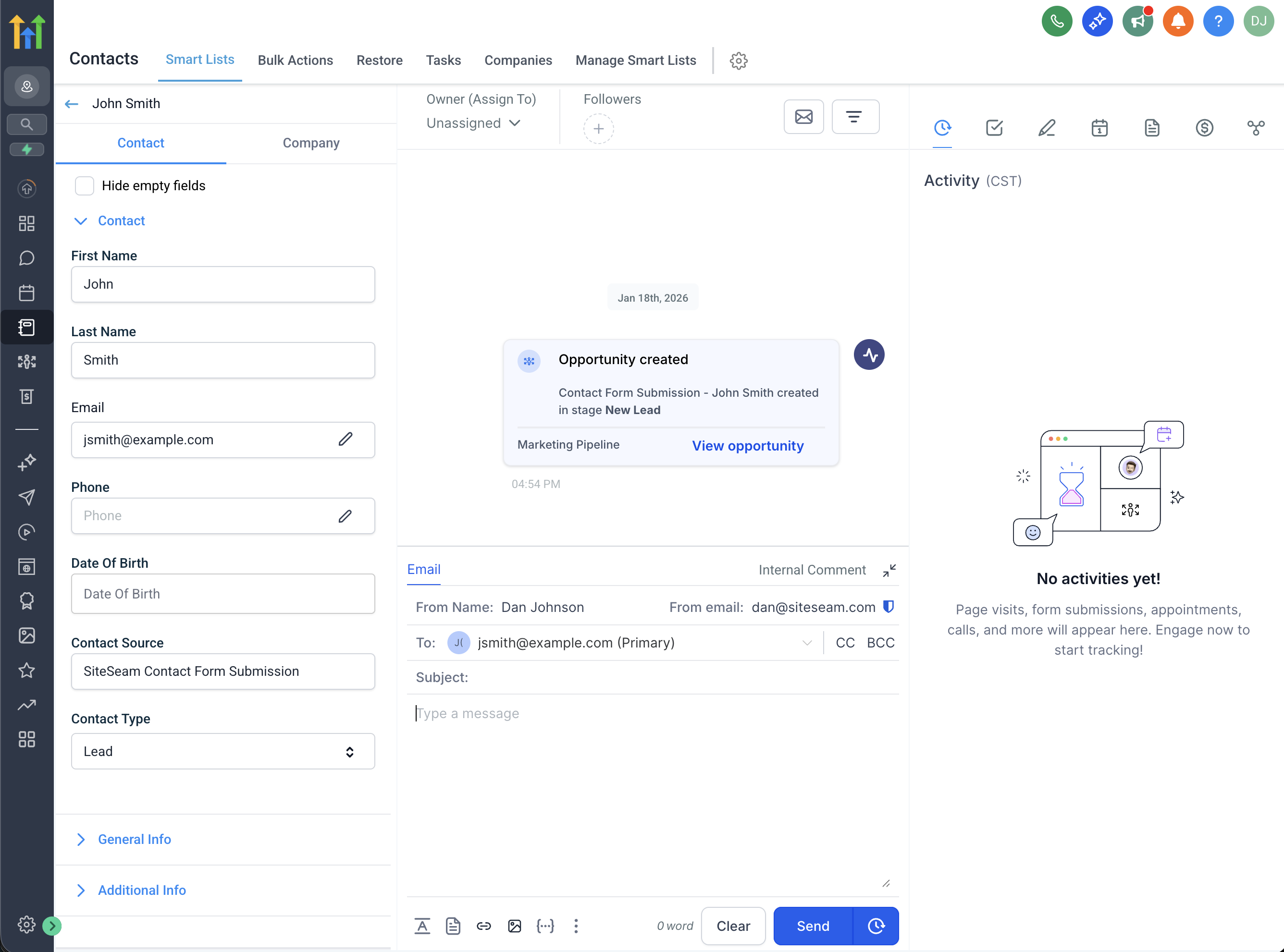 HighLevel activity record created from a SiteSeam contact form submission.