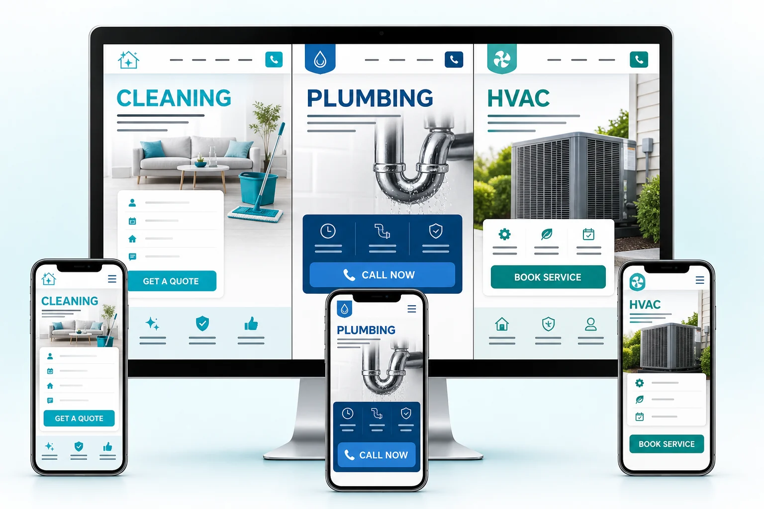 Desktop and mobile cleaning, plumbing, and HVAC website templates designed for local quote and booking conversion.