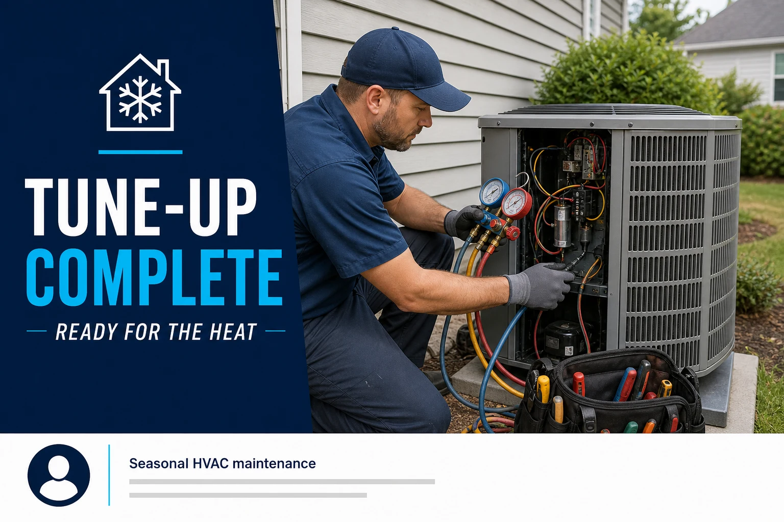 Completed branded social post showing an HVAC technician servicing a residential air-conditioning condenser.