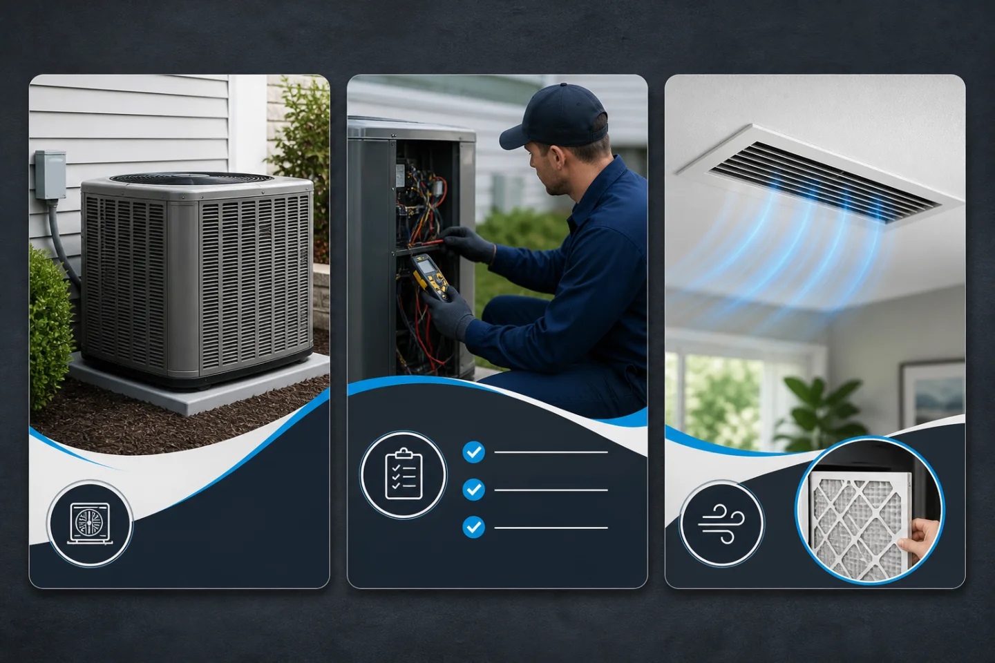 Three coordinated HVAC social posts featuring a completed condenser installation, seasonal tune-up education, and a homeowner airflow tip.