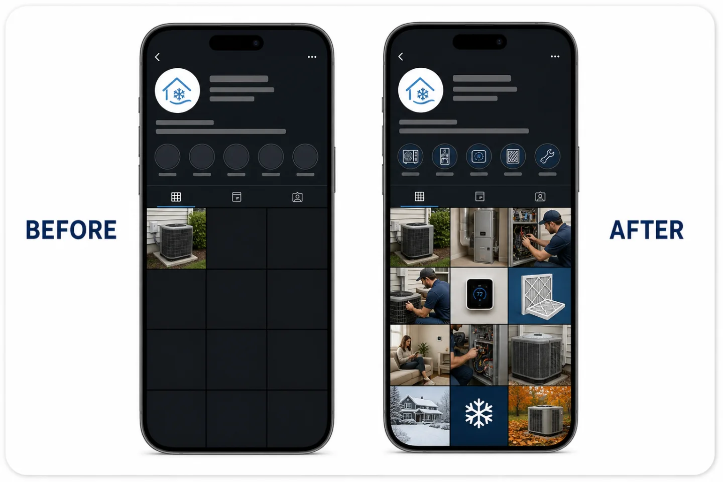 Before-and-after social profile mockups showing a quiet HVAC company feed becoming an active seasonal collection of installations, tune-ups, and homeowner education.