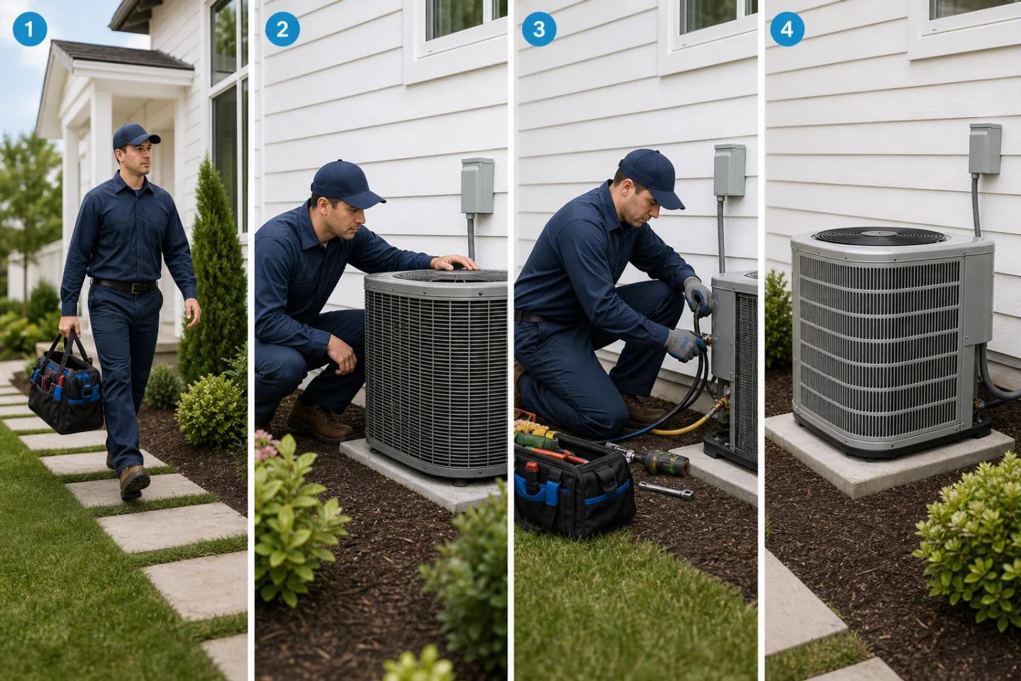 Four-frame HVAC Reel storyboard progressing from technician arrival through equipment inspection and installation to a clean completed condenser.