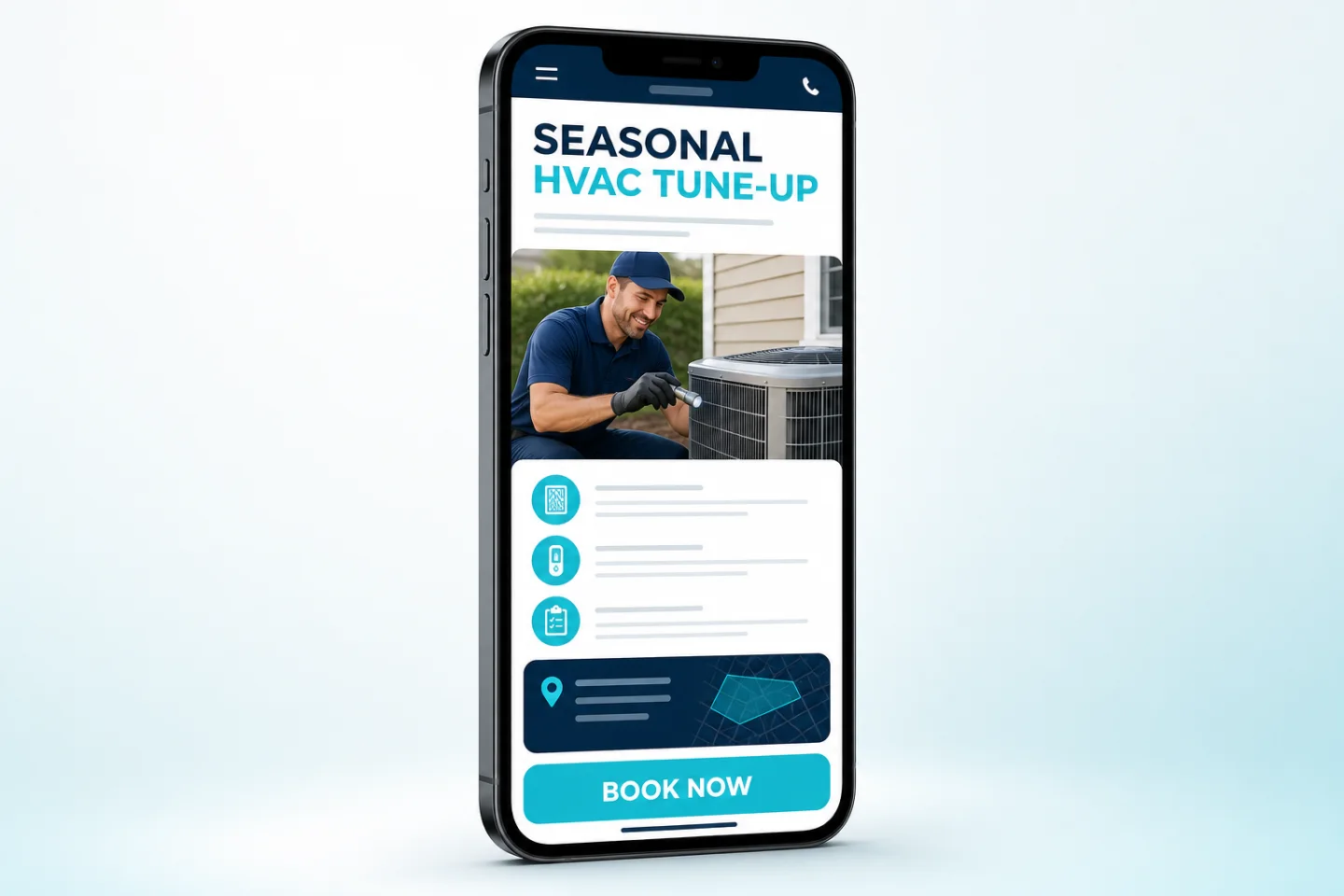 Illustrative HVAC seasonal tune-up landing page matching an educational social post.