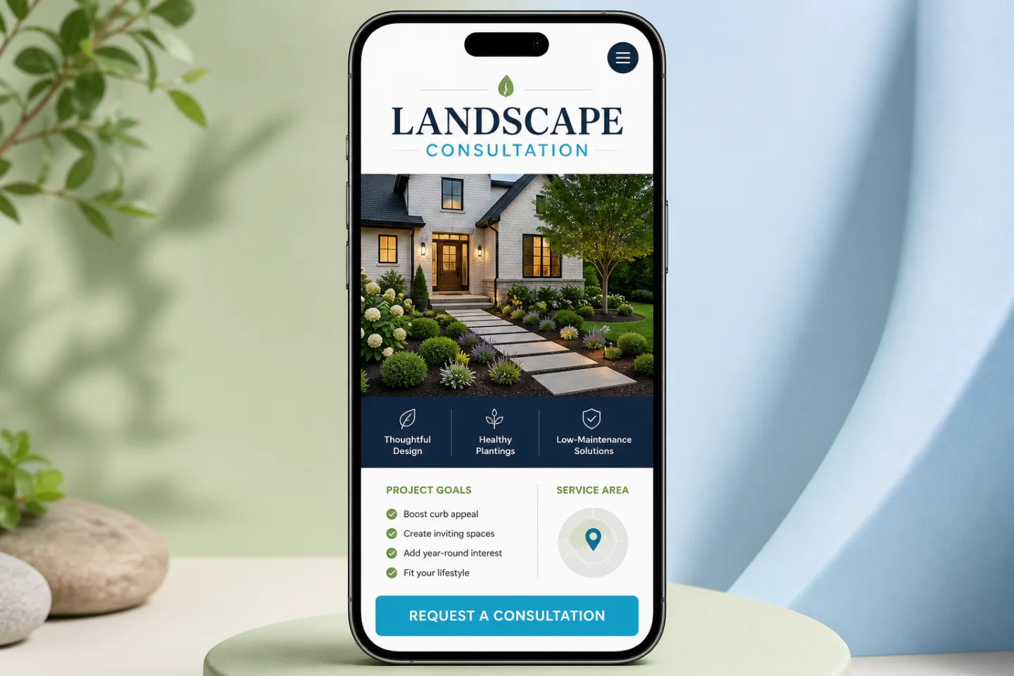 Illustrative landscaping consultation page matching a transformation social post.