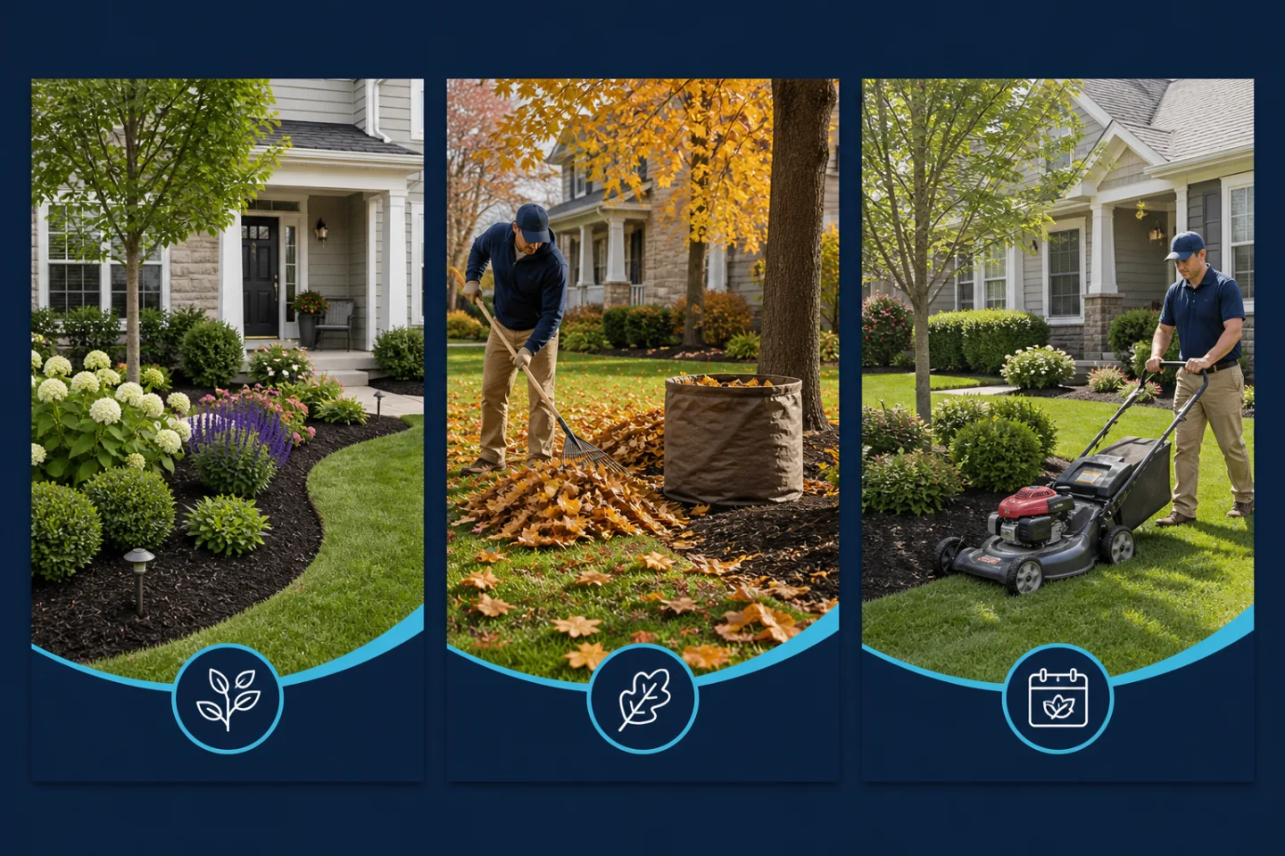 Three coordinated landscaping social posts featuring a front-yard refresh, fall cleanup, and recurring property maintenance.