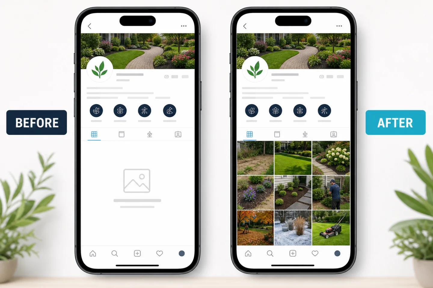 Before-and-after social profile mockups showing an unused landscaping gallery becoming an active seasonal project feed.