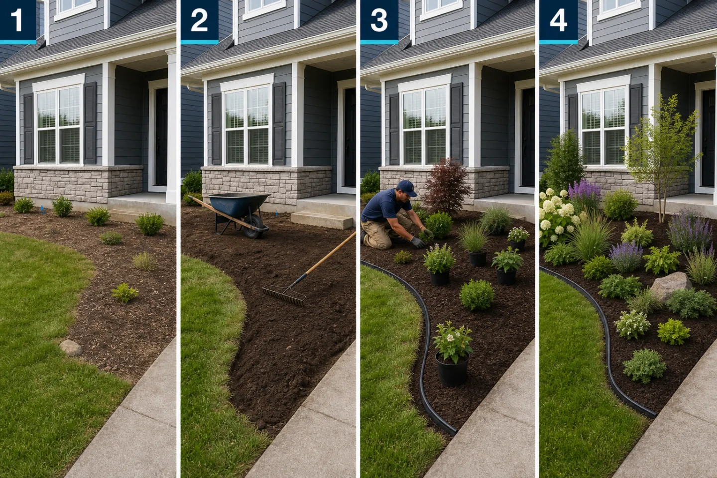 Four-frame landscaping Reel storyboard progressing from the original yard through preparation and planting to the finished landscape reveal.