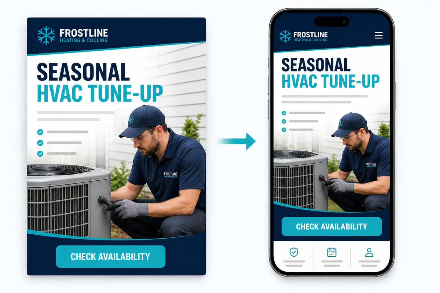 Matching seasonal service social post and mobile landing page using the same imagery, message, and availability action.