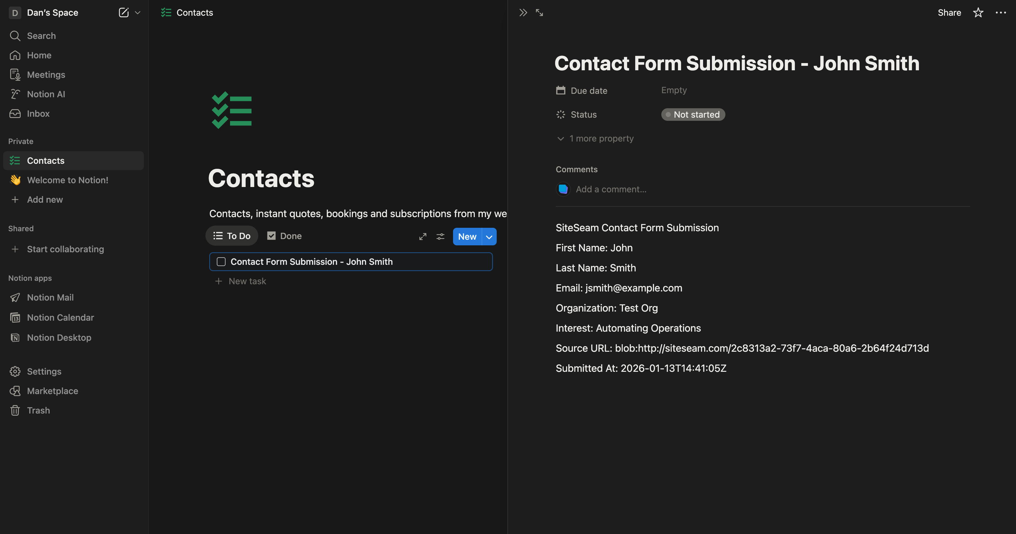 Notion page created from a SiteSeam lead submission.
