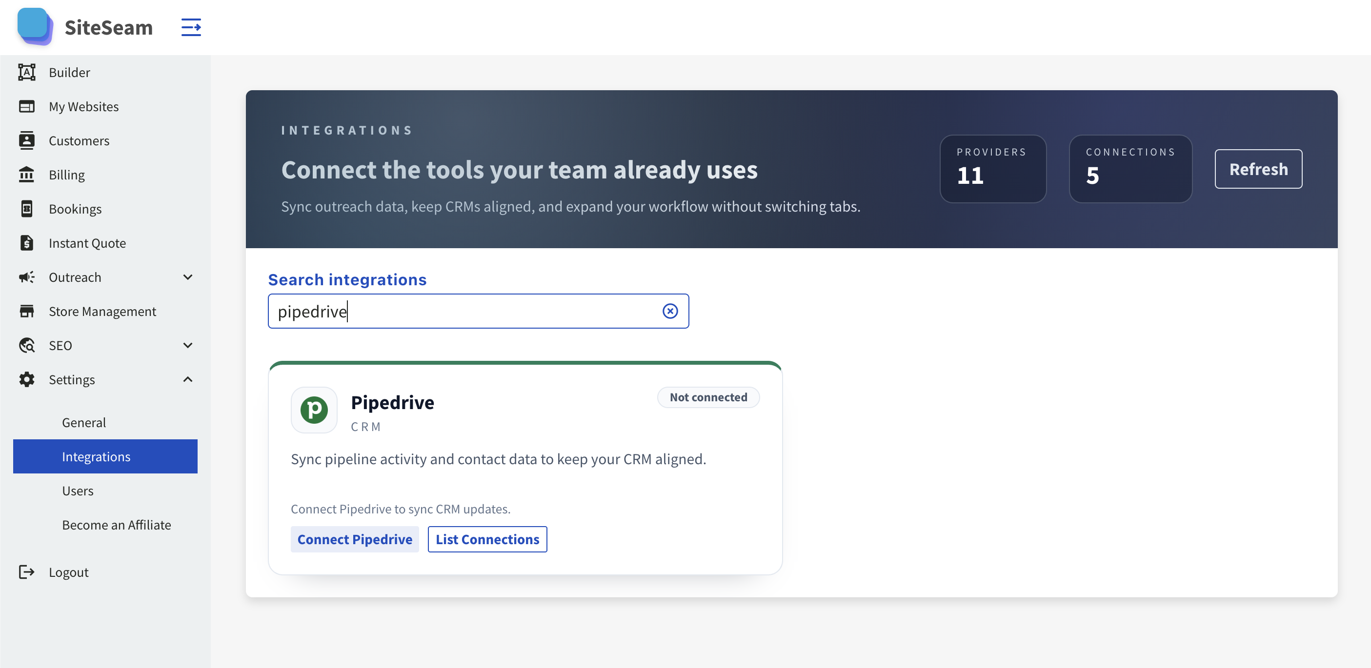Pipedrive integration card inside SiteSeam.