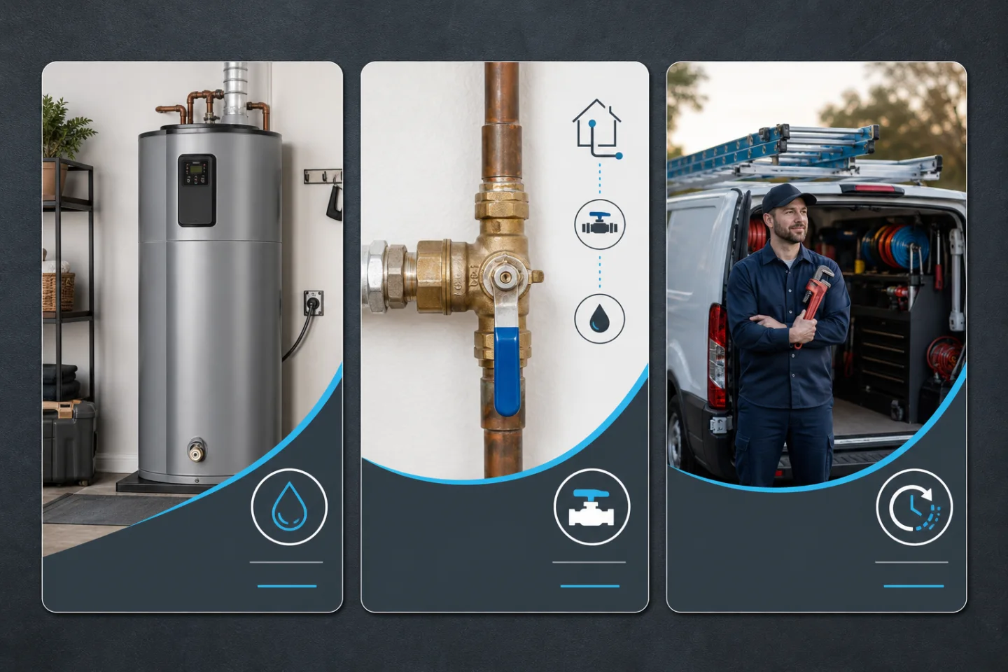 Three coordinated plumbing social posts featuring a completed water-heater replacement, main-water-shutoff education, and emergency service availability.