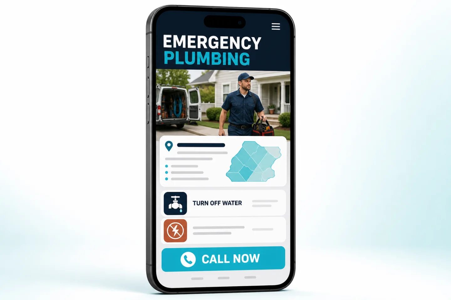 Illustrative emergency plumber landing page matching a repair post and offering a call action.