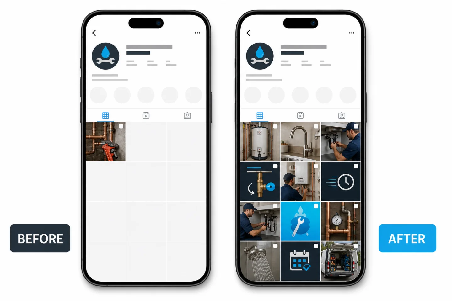Before-and-after social profile mockups showing an inactive plumbing company feed becoming an active collection of repairs, education, and availability posts.