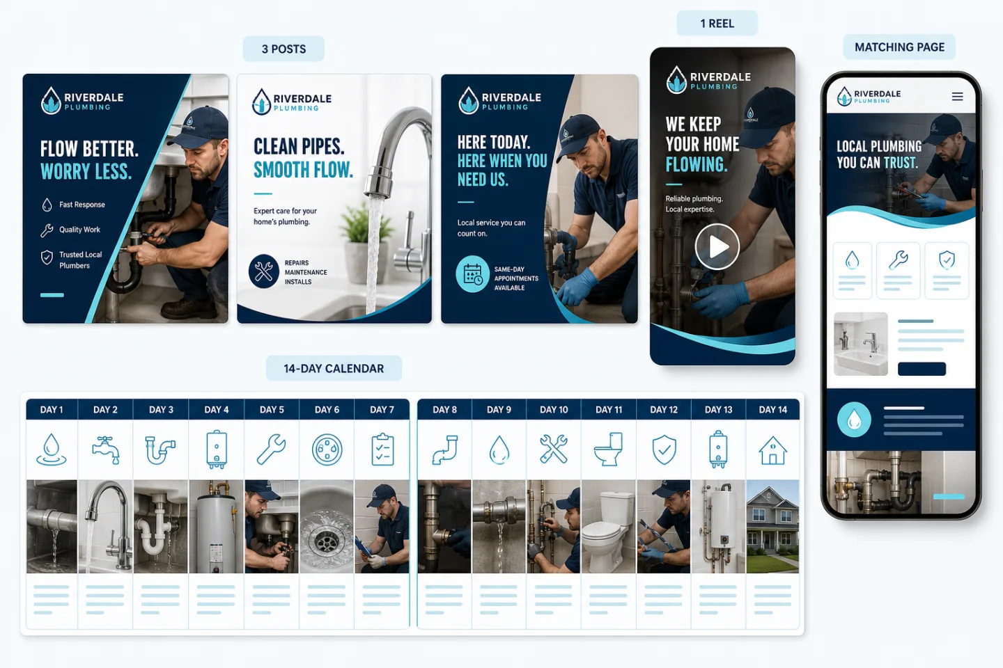 Product collage of three branded social posts, a vertical Reel cover, a fourteen-day calendar, and a matching landing-page thumbnail.