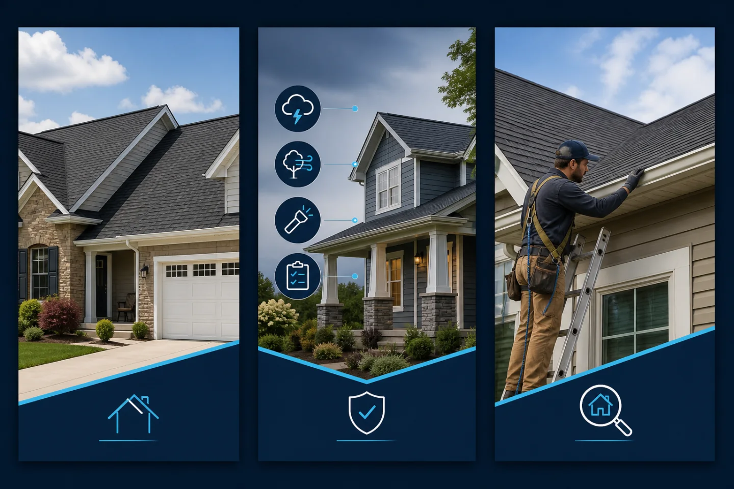 Three coordinated roofing social posts featuring a completed roof replacement, a calm storm-safety checklist, and a professional inspection explainer.