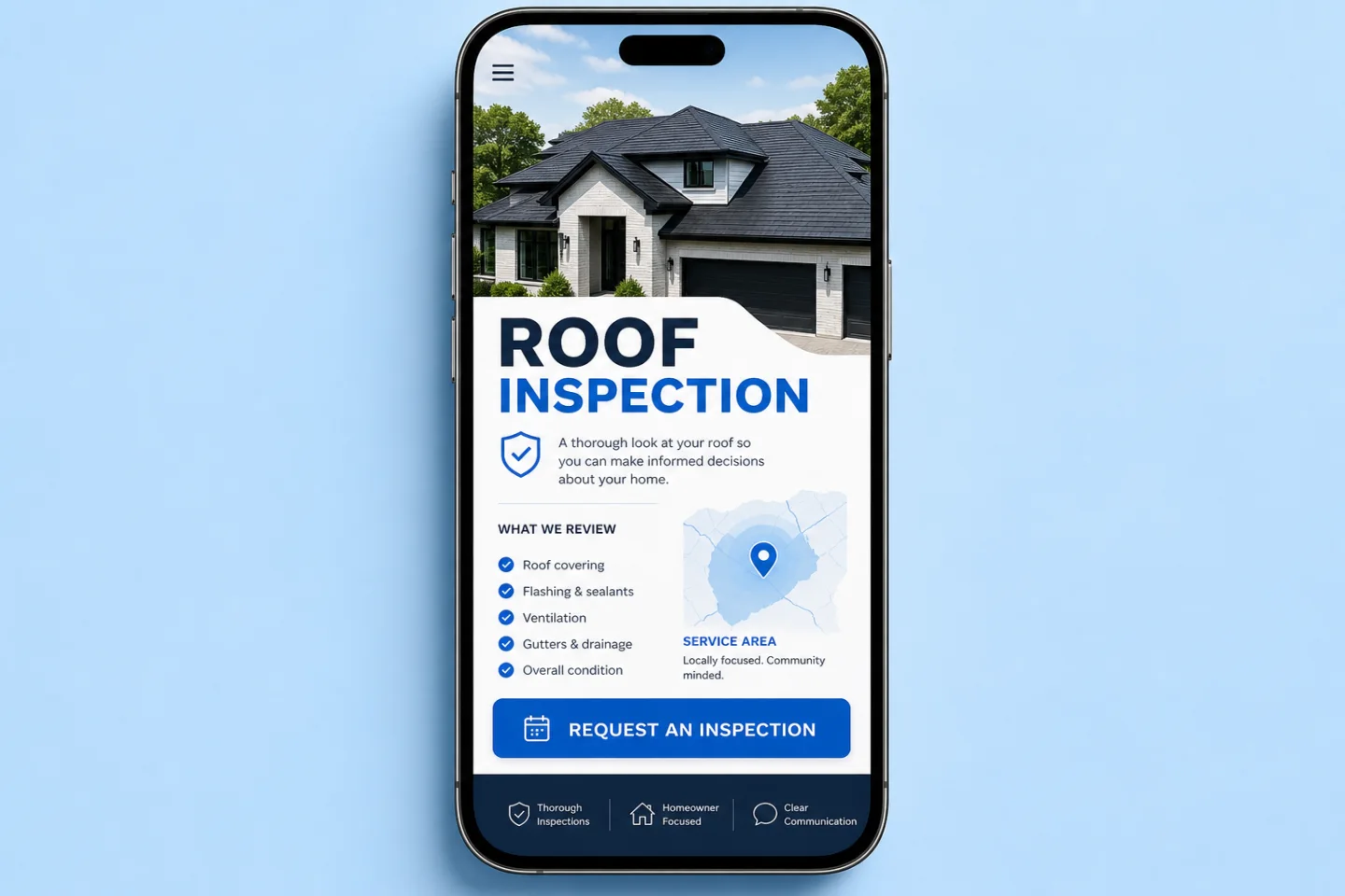 Illustrative roofing inspection landing page matching a storm education post.