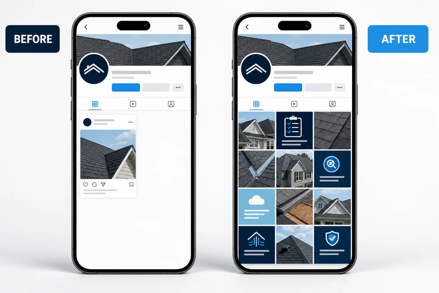 Before-and-after social profile mockups showing a sparse roofing company profile becoming an active feed of completed projects and storm education.