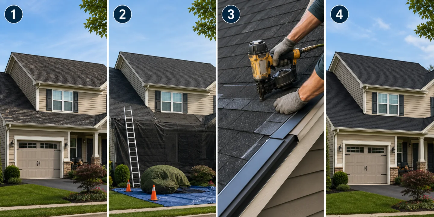 Four-frame roofing Reel storyboard progressing from the pre-project roof through preparation and shingle installation to the completed roof reveal.