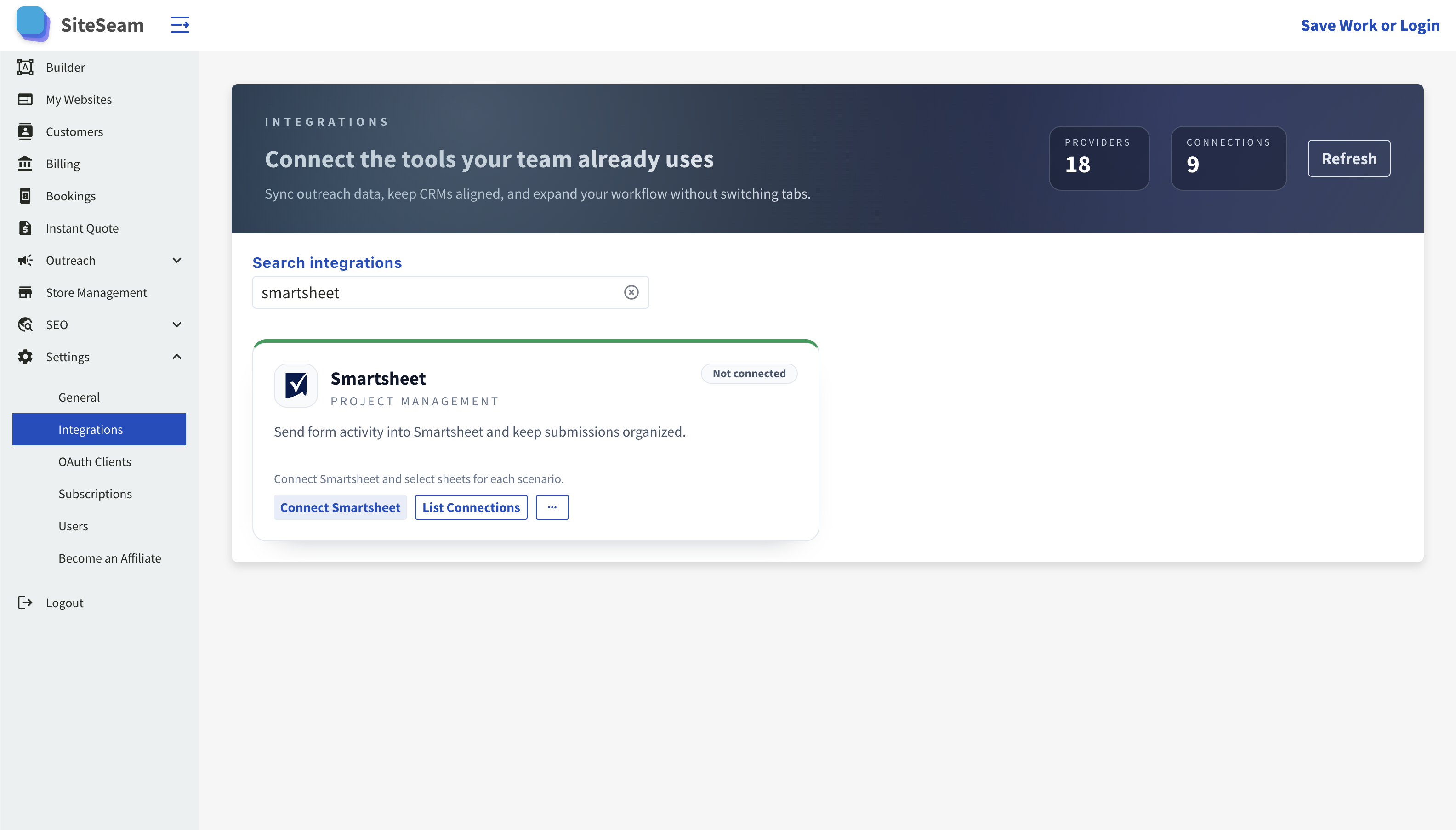 SiteSeam integrations search showing the Smartsheet card.