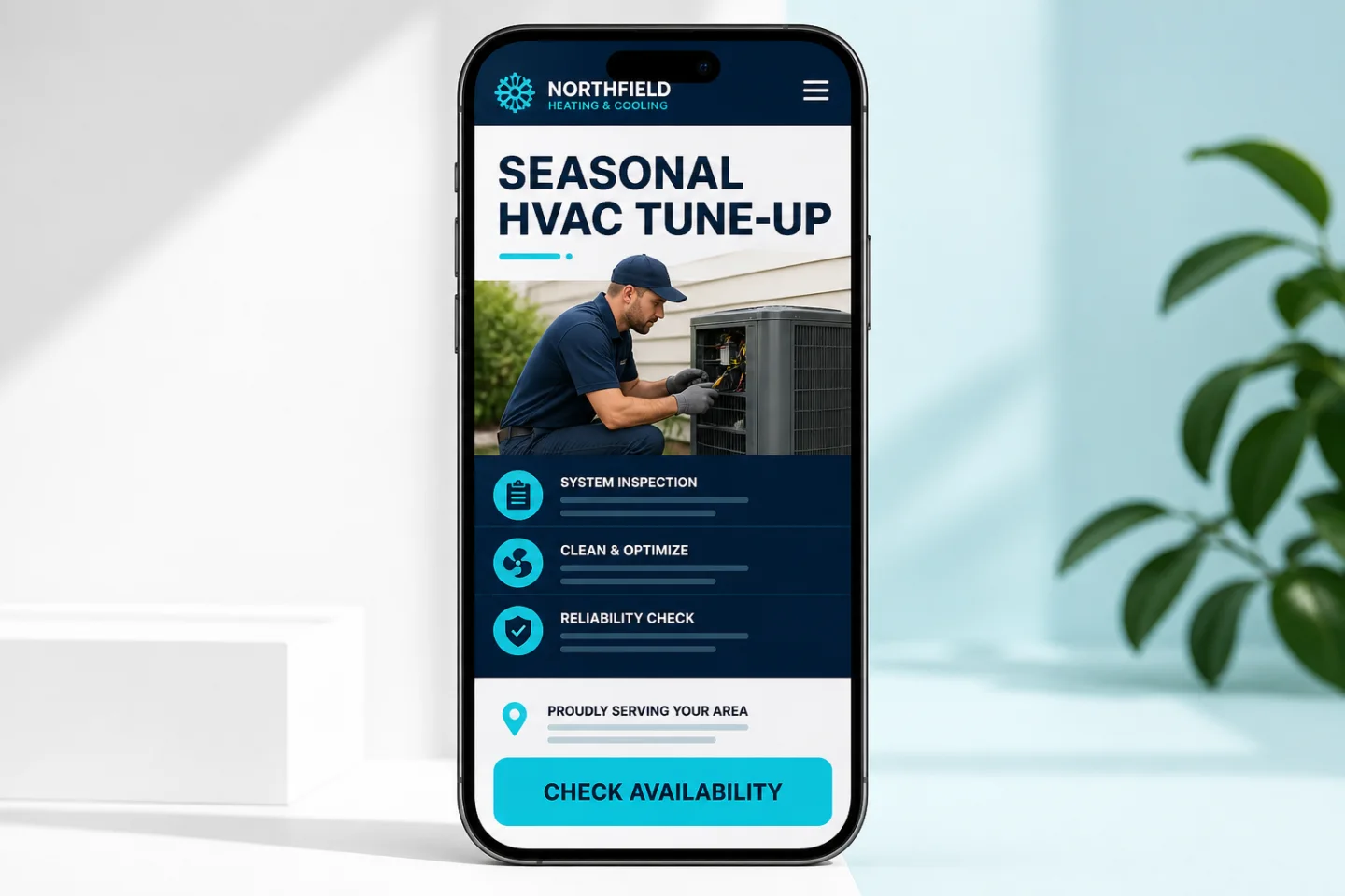 Illustrative seasonal service landing page matched to a social campaign and availability action.