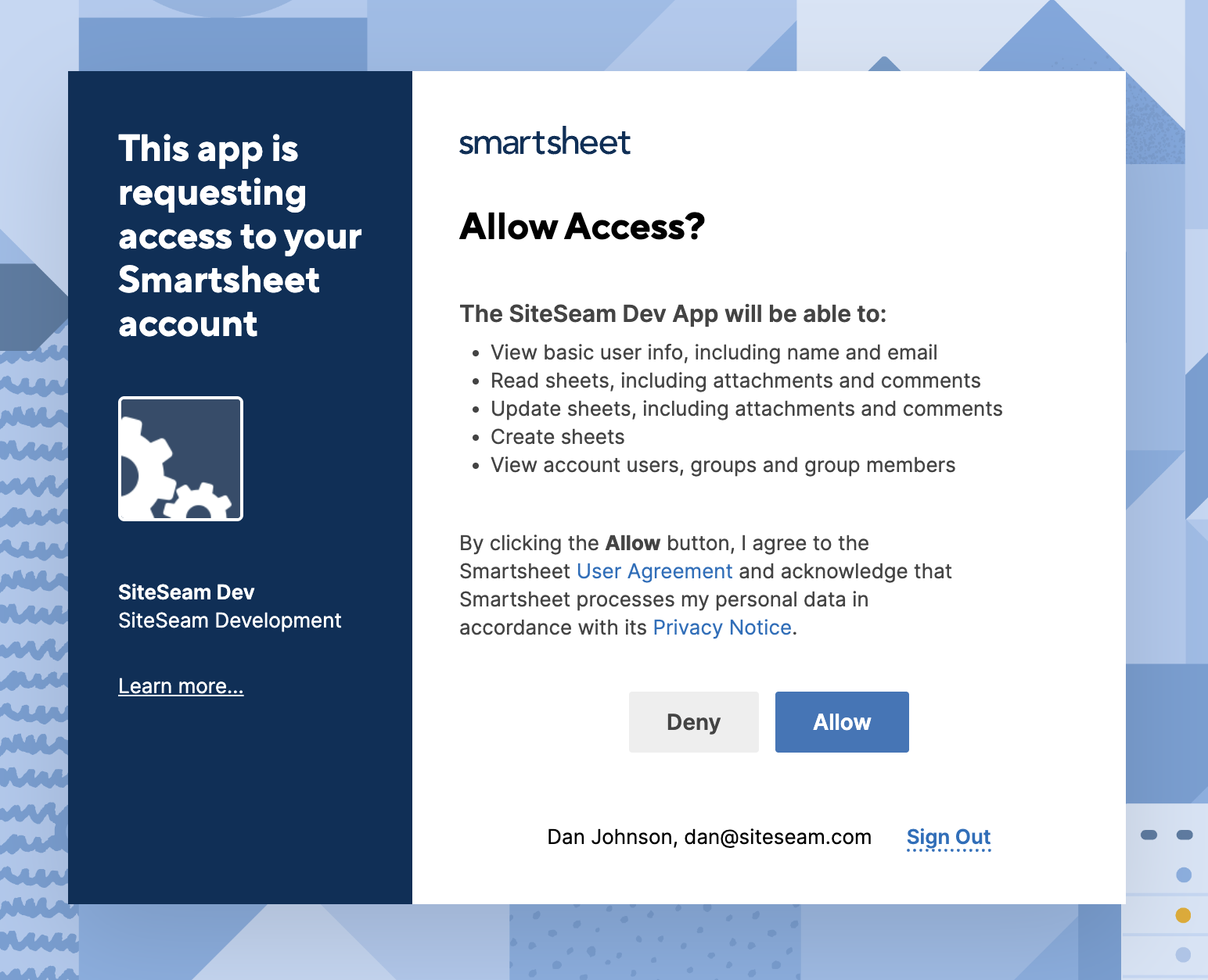 Smartsheet authorization screen requesting approval for SiteSeam.