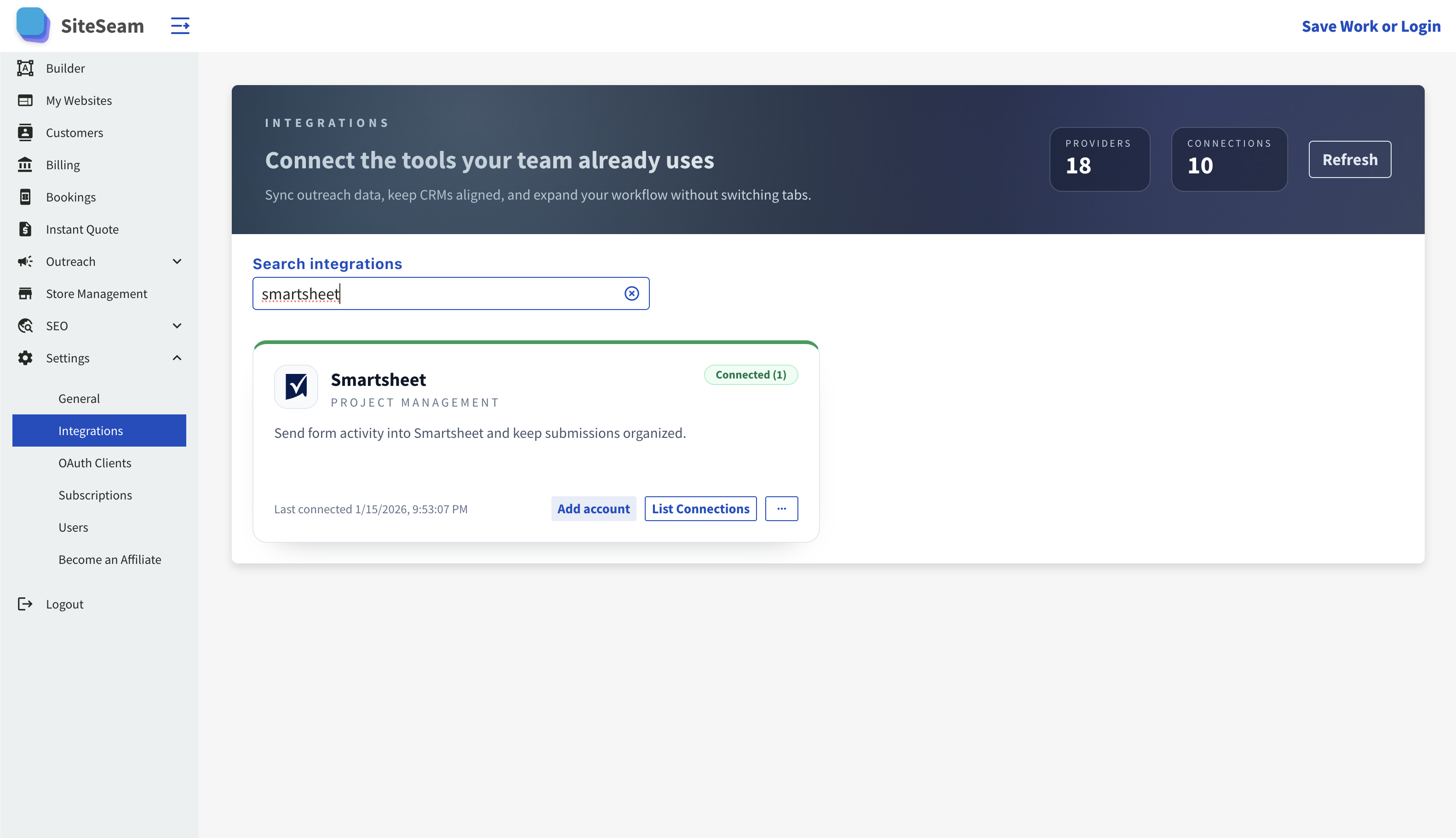 Smartsheet connection list showing a connected account in SiteSeam.