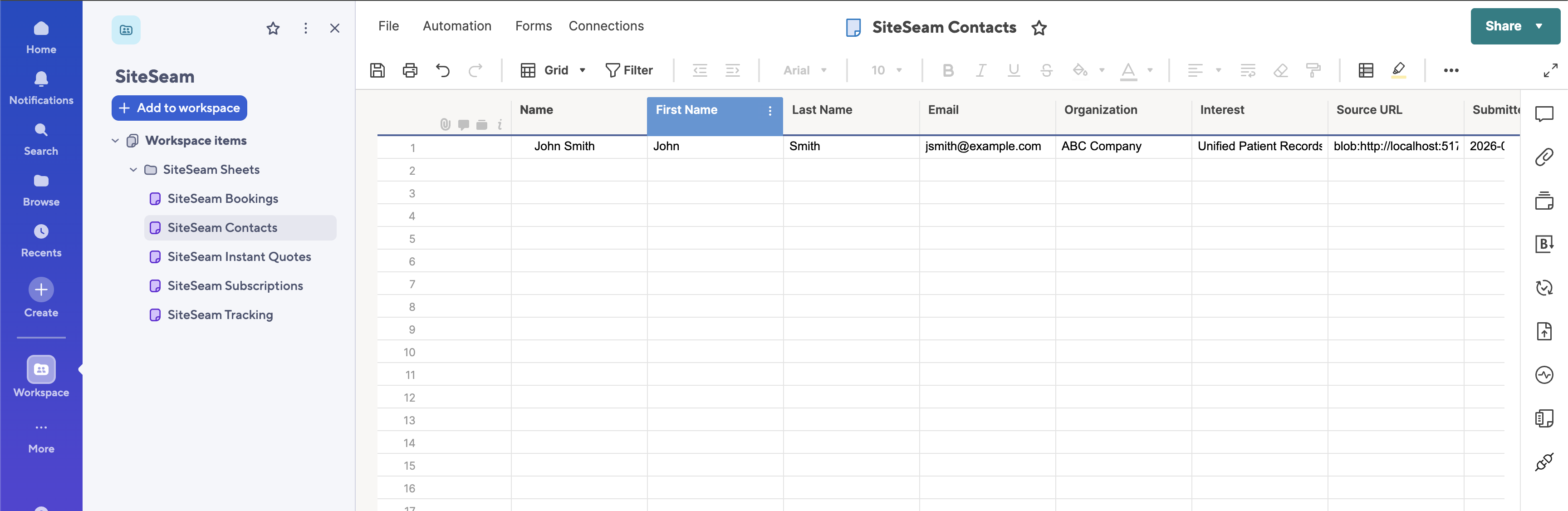 Smartsheet sheet showing contact rows created from SiteSeam submissions.