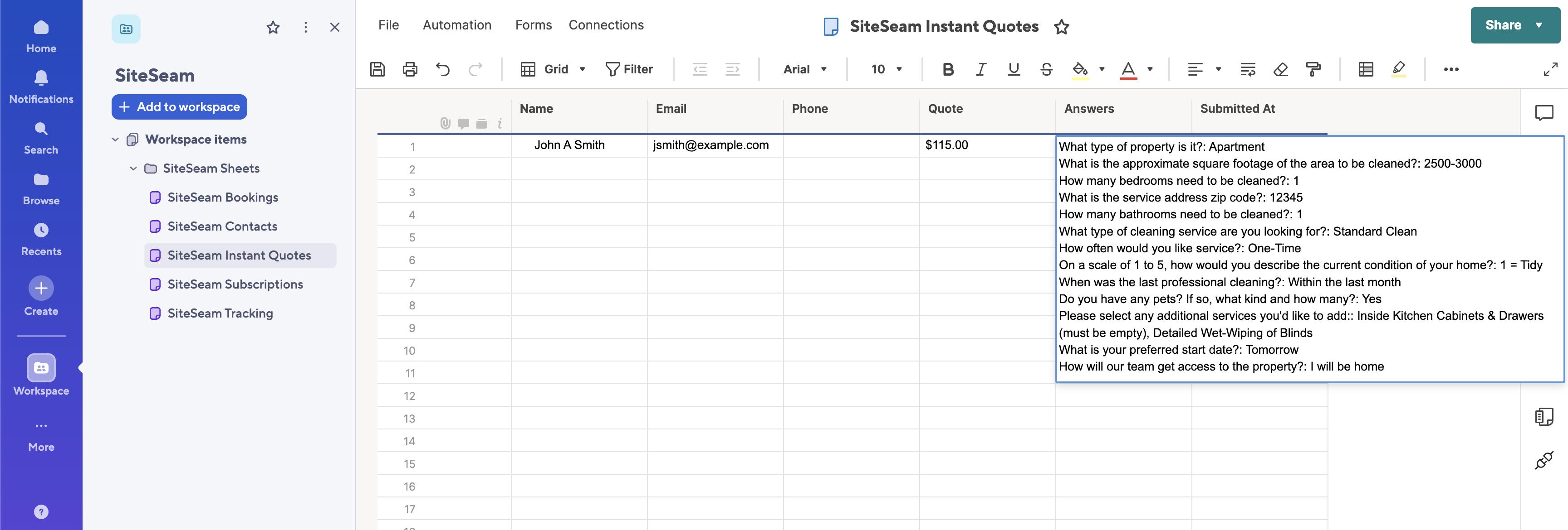 Smartsheet sheet showing instant quote rows created from SiteSeam submissions.