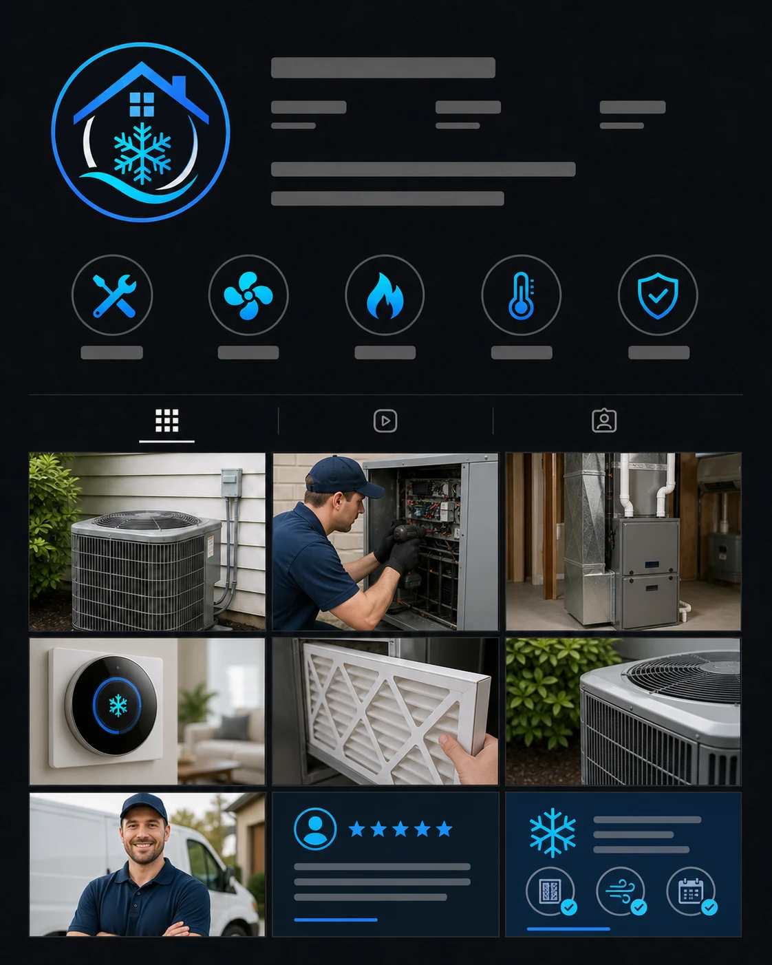 After: the same HVAC business profile filled with job photos, service guidance, and customer proof.