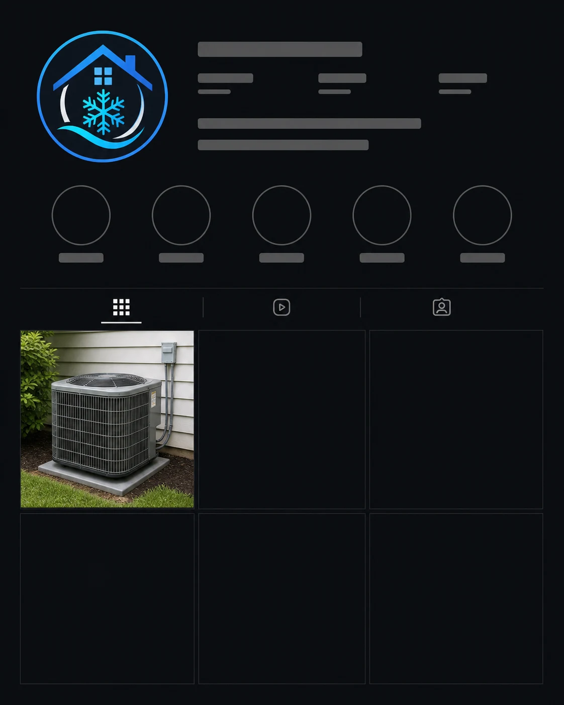 Before: a sparse HVAC business profile with one completed-job photo and an otherwise empty grid.