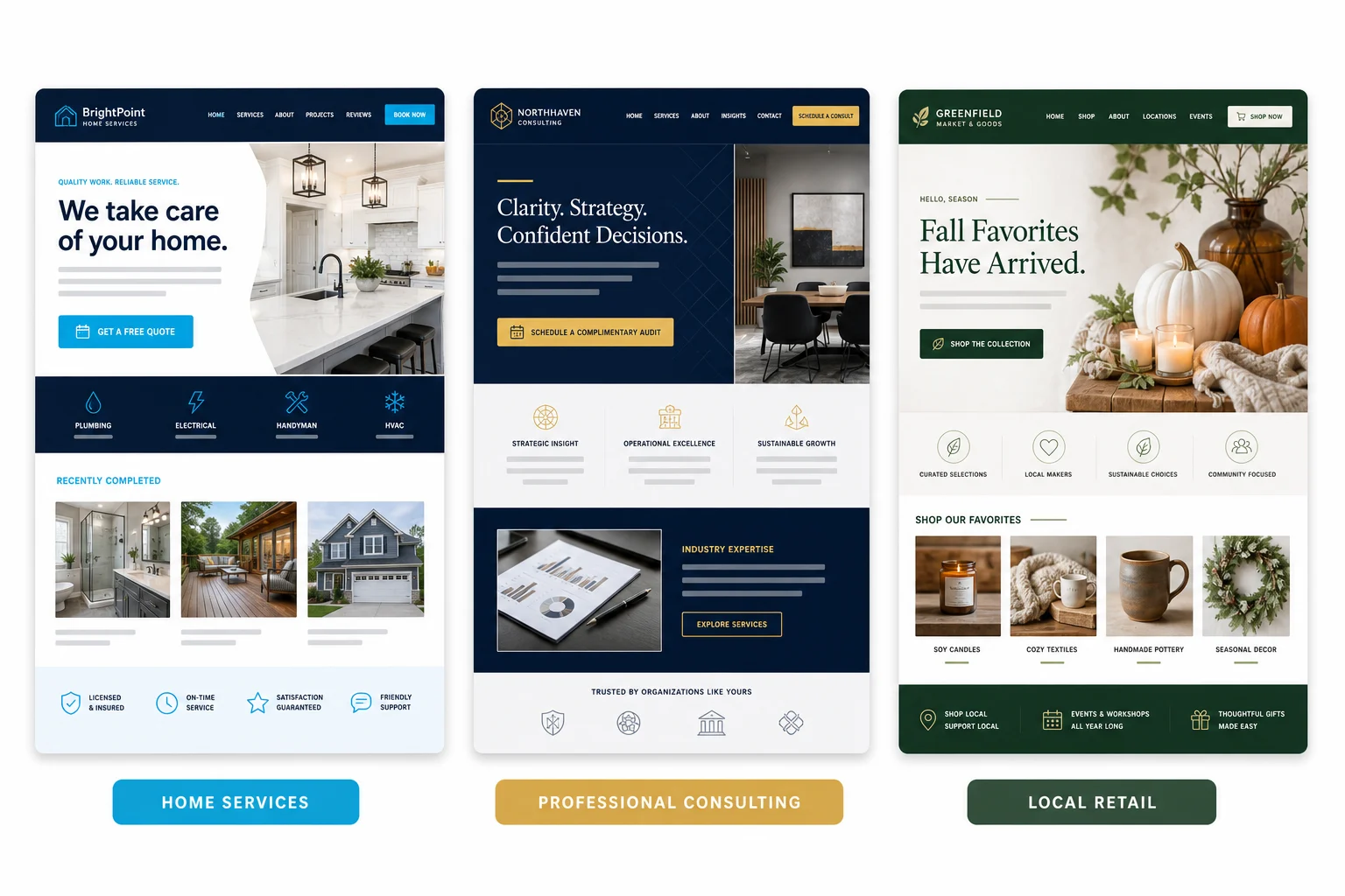 Three coordinated website-template previews for home services, professional consulting, and local retail.