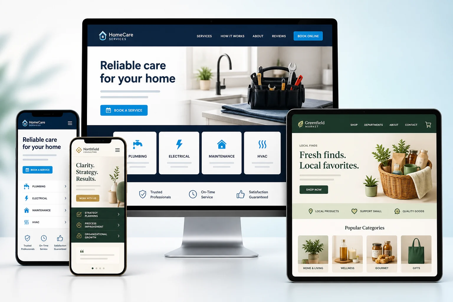 Overlapping desktop and mobile devices showing home-service, consultant, and local-retail website templates.