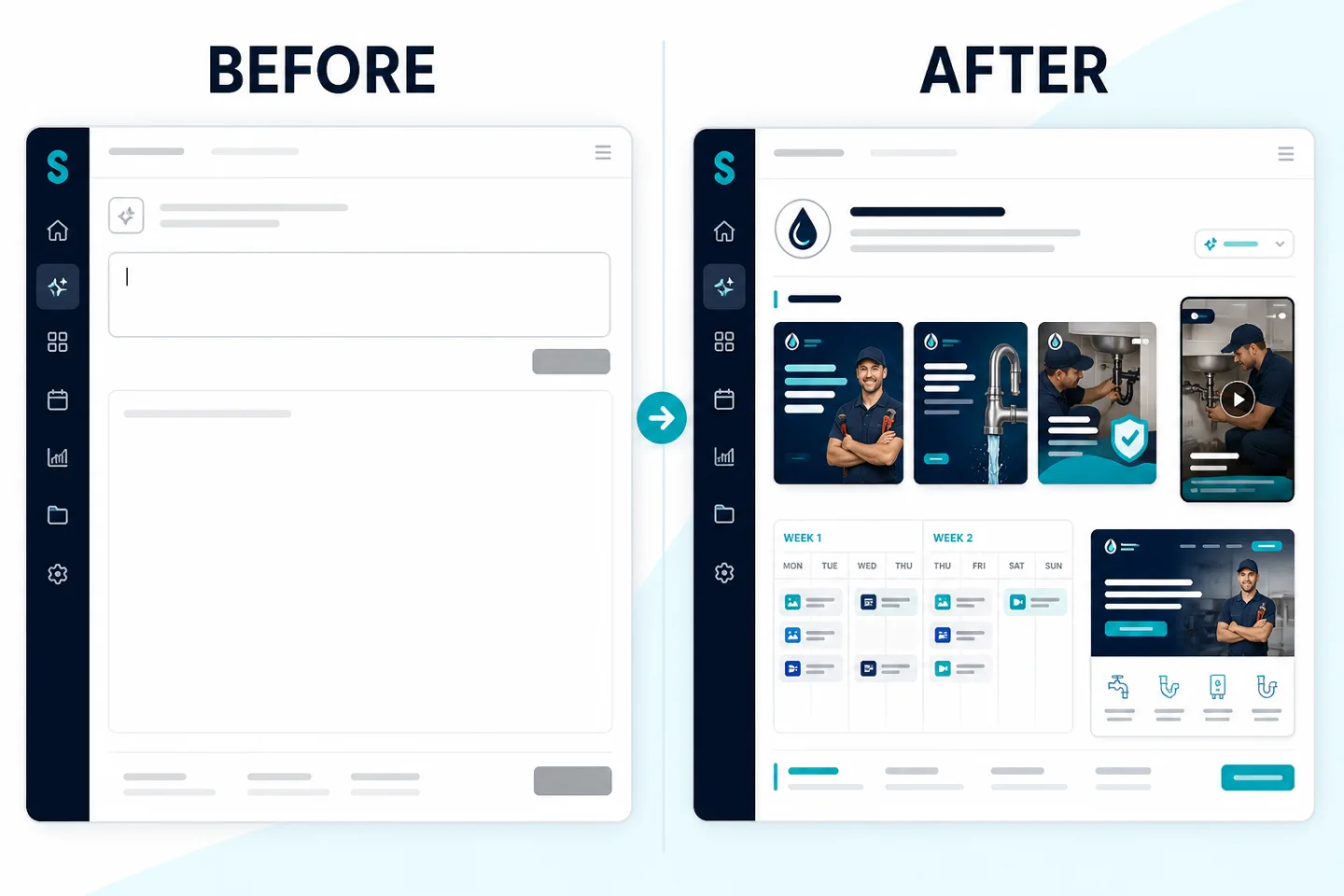 Side-by-side software comparison of a blank marketing prompt and a populated business-marketing preview.