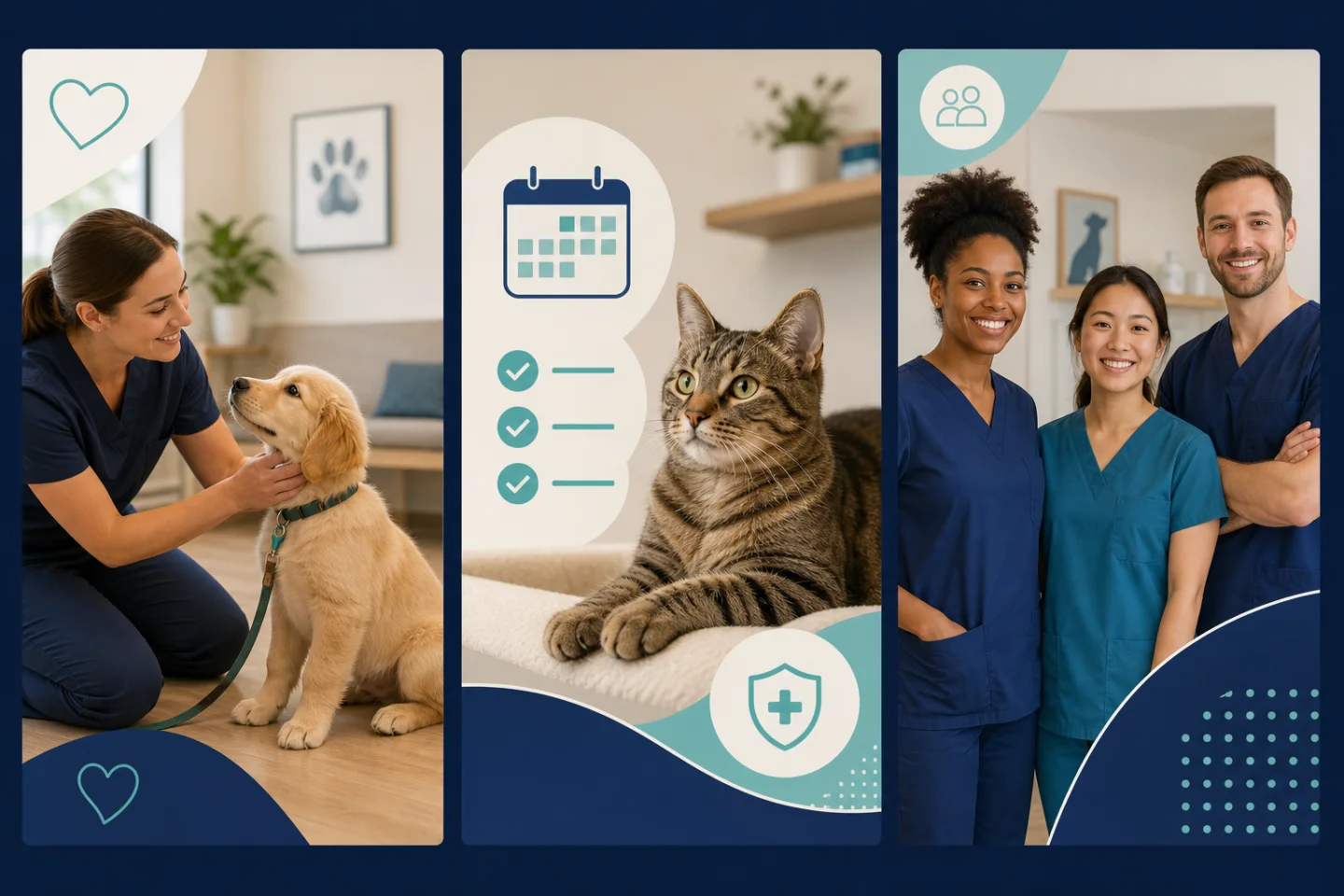 Three coordinated veterinary social posts featuring a reassuring first visit, preventive-care education, and a friendly staff introduction.