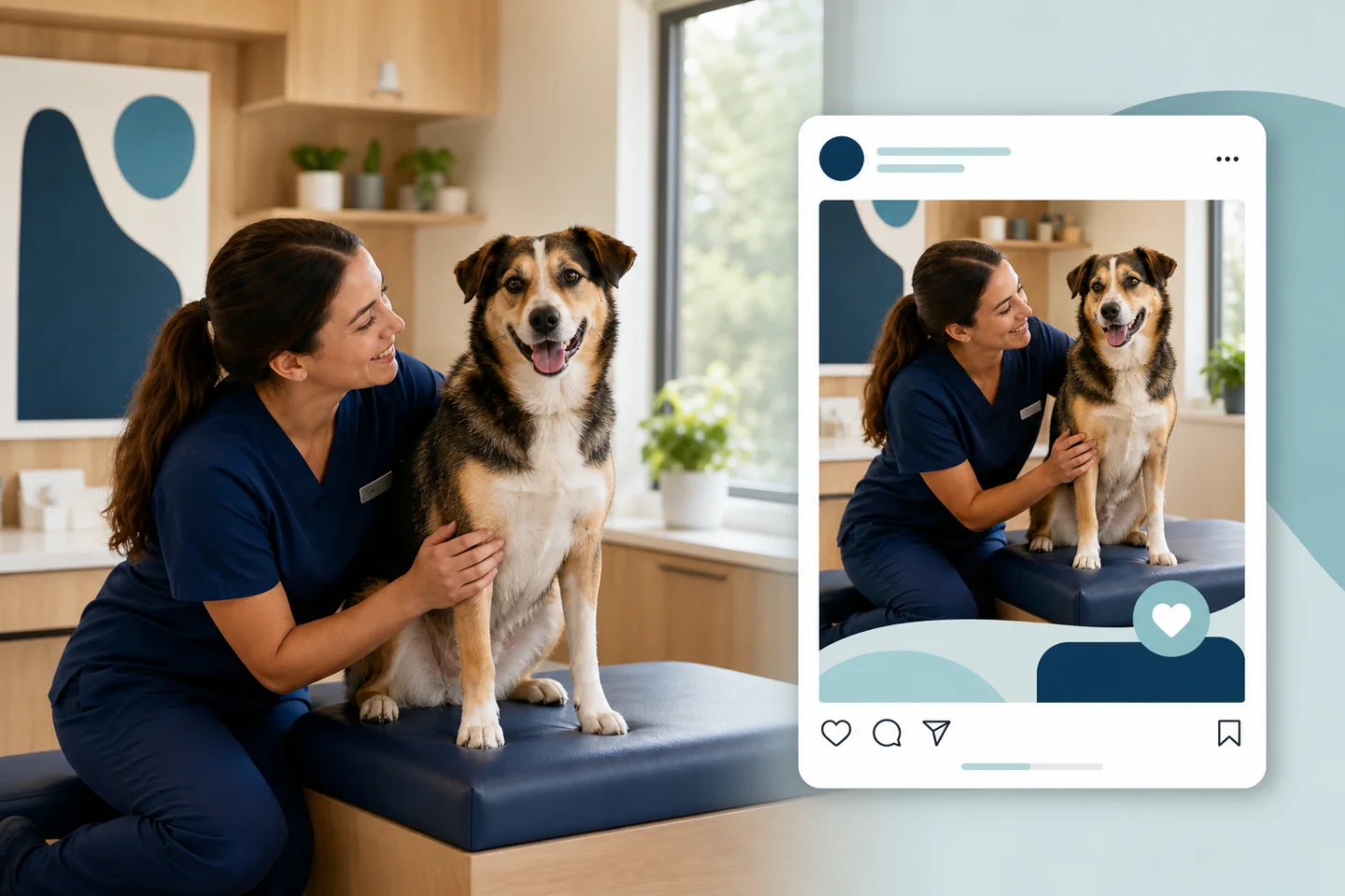 Warm veterinary clinic scene with a calm consented dog patient, a caring staff member, and a coordinated clinic social post.