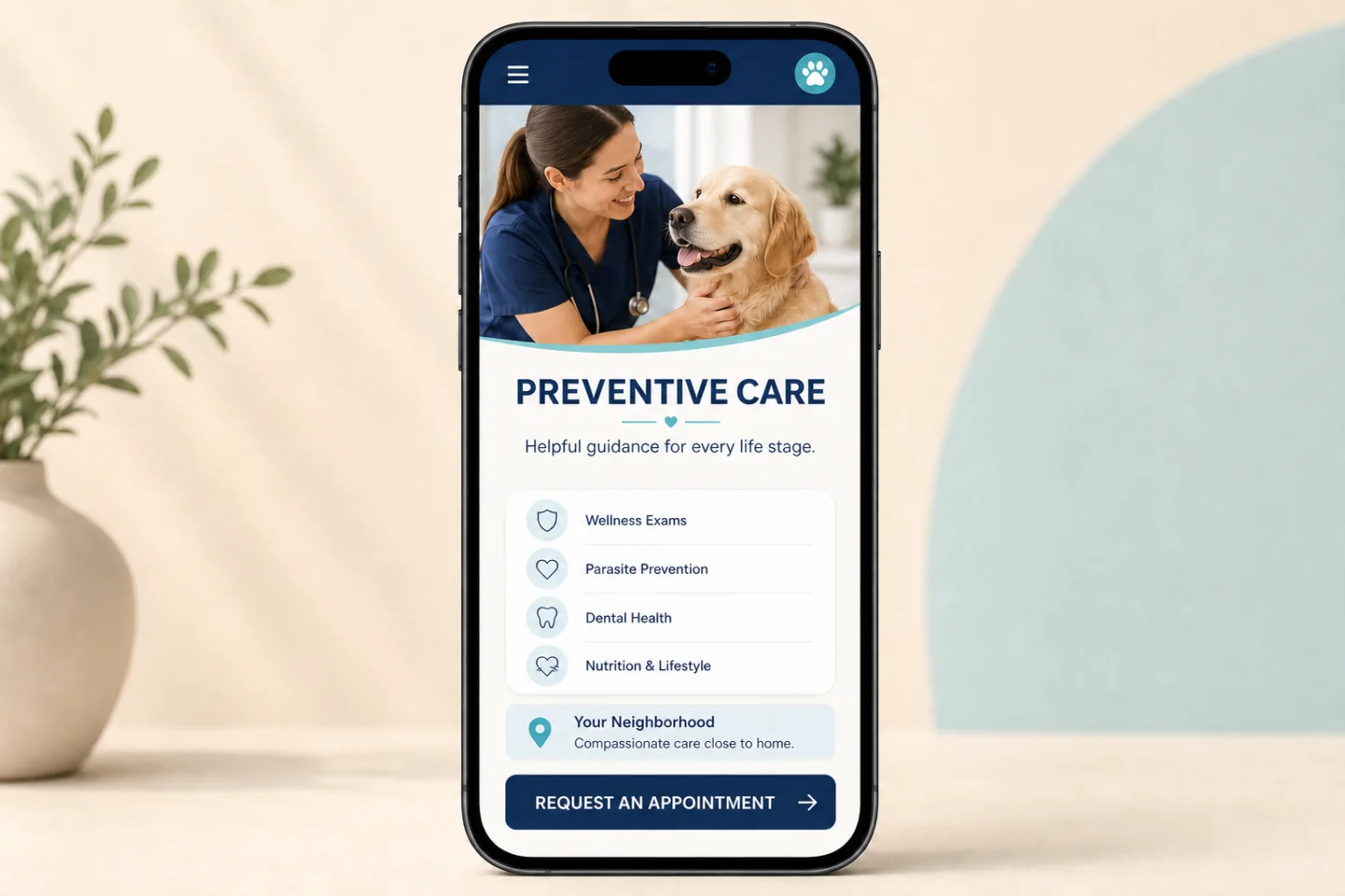 Illustrative veterinary preventive-care landing page with an appointment request.