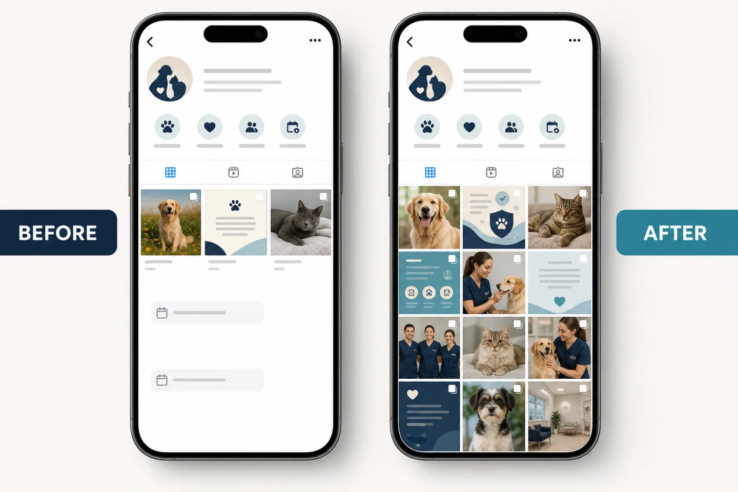 Before-and-after social profile mockups showing an occasionally updated veterinary profile becoming an active feed of consented patients, education, and staff stories.