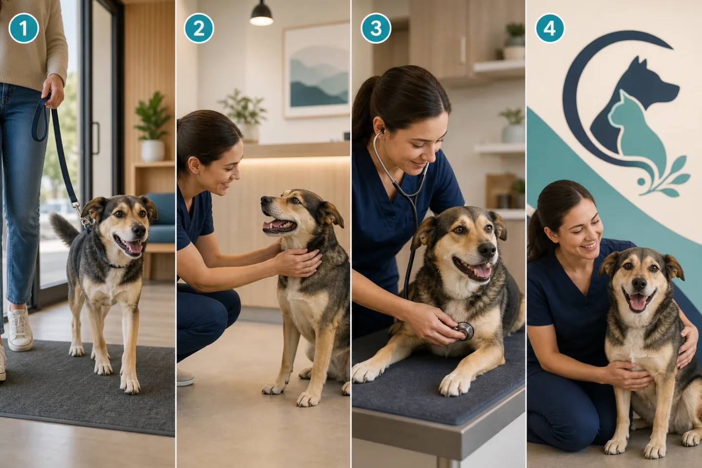 Four-frame veterinary Reel storyboard progressing from an approved patient arrival through comforting interaction and gentle care to a clinic-branded ending.
