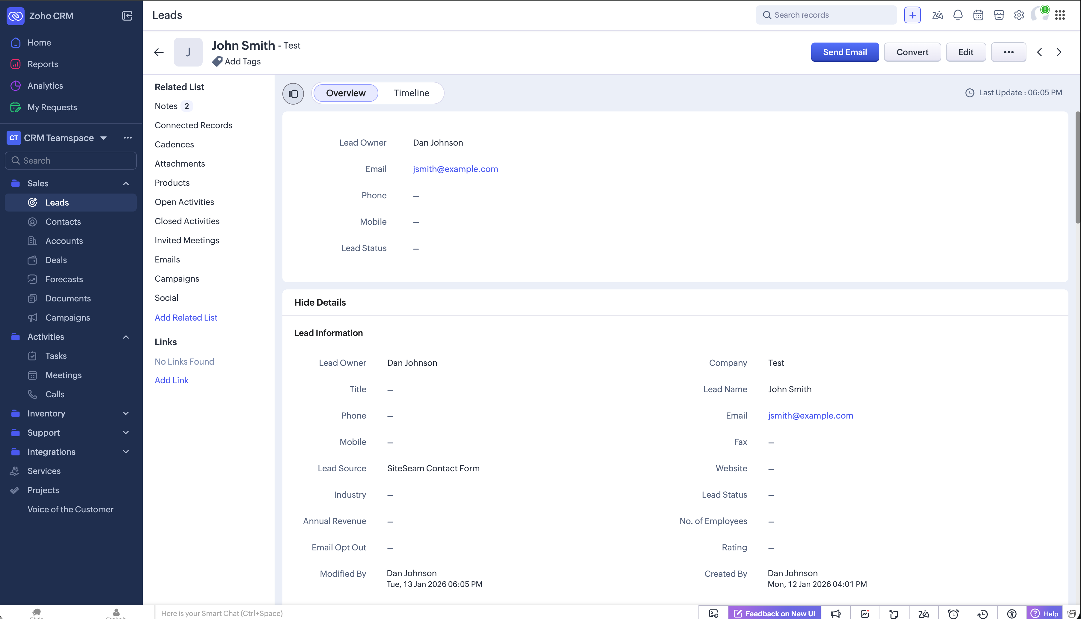 Zoho CRM lead record created from a SiteSeam submission.